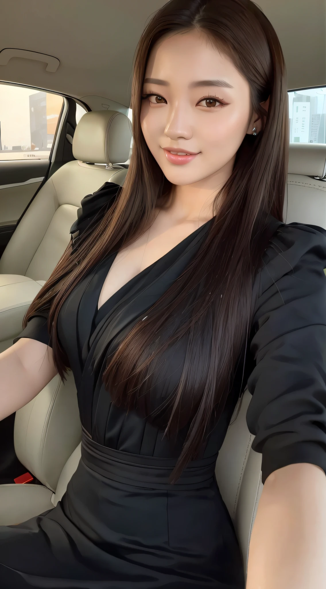 araffe woman in a black dress sitting in a car, beautiful south korean woman, gorgeous young korean woman, korean girl, korean woman, beautiful young korean woman, jaeyeon nam, with long hair, heonhwa choe, 2 , hot with shining sun, 2 9 years old- on, she is wearing a black dress