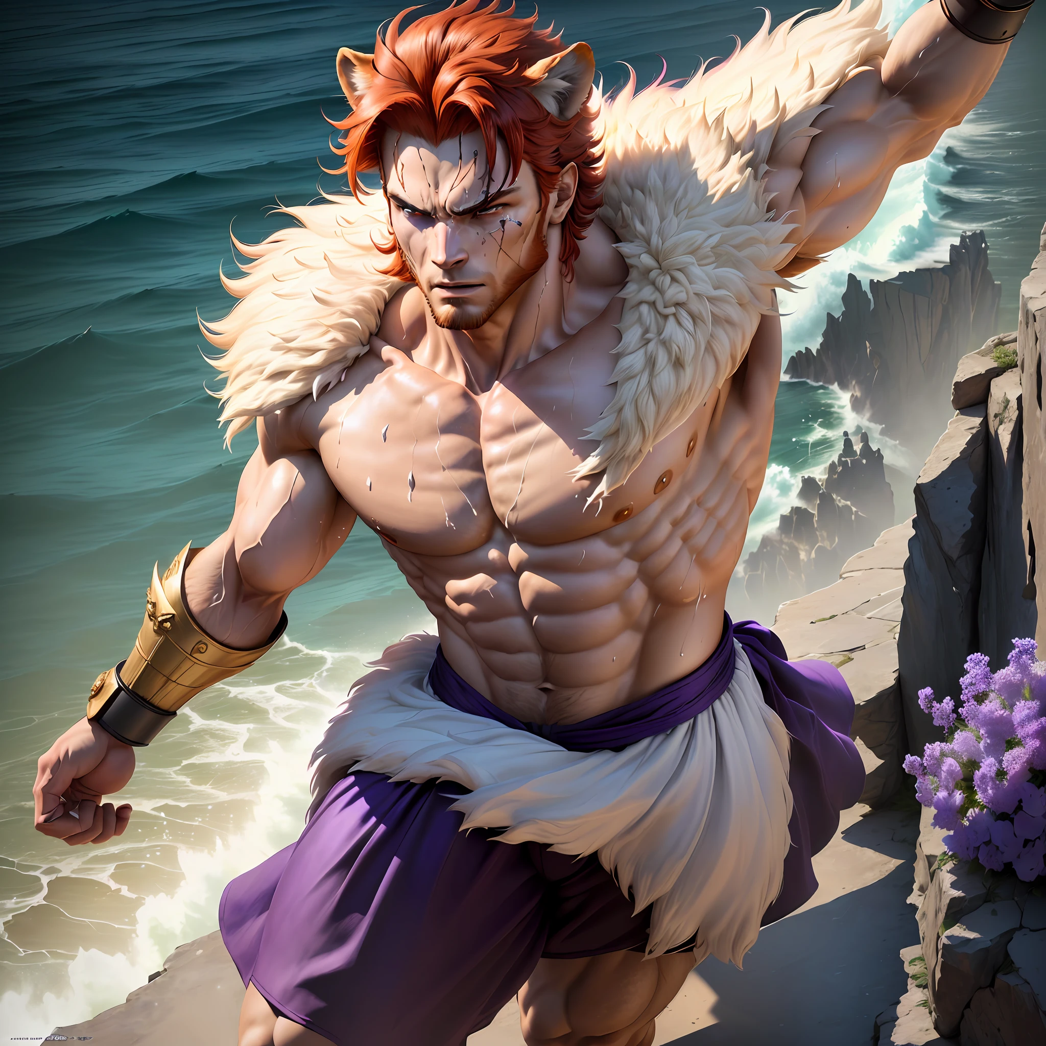 muscle, male, (lion head:1.0), furry, kemono, dressed as a prince standing on a cliff with flowers behind him, cloulds in the sky, photo, realism, cgi, (fighting pose:1.2), tekken, eye glow, (sweat:1.3), dirt, nipple, red hair, (baki:1.2), blood splatter, purple eye, teeth, (steam:1.0), high detail, castle, masterpiece, (HDR)(wallpaper)(movie lighting)(sharp focus), masterpiece, best quality, (extremely detailed CG unity 8k wallpaper), (best quality)