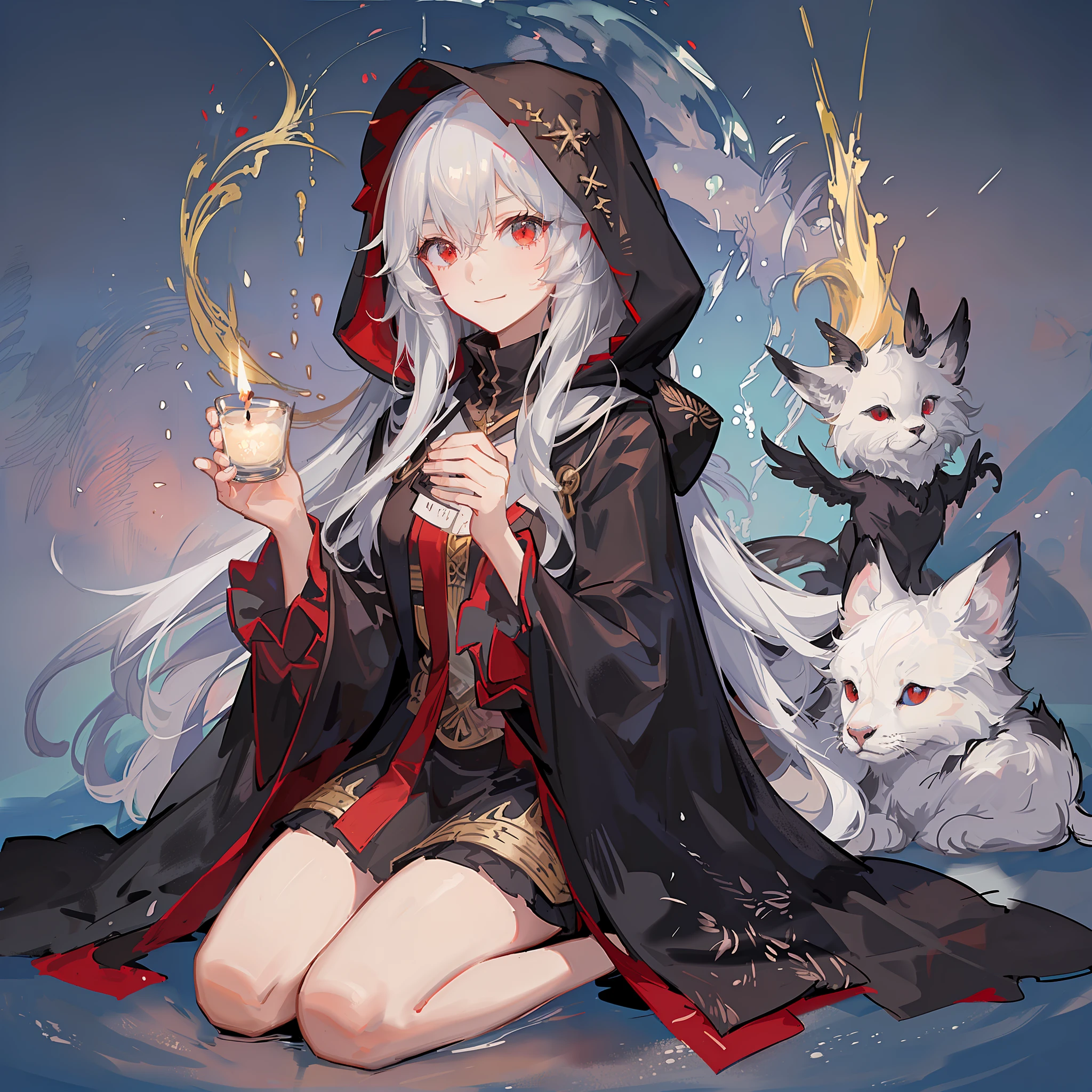 Maiden, black robe, hood, cape, red eyes, long white hair, faint smile, anime, hand holding candle, kneeling position