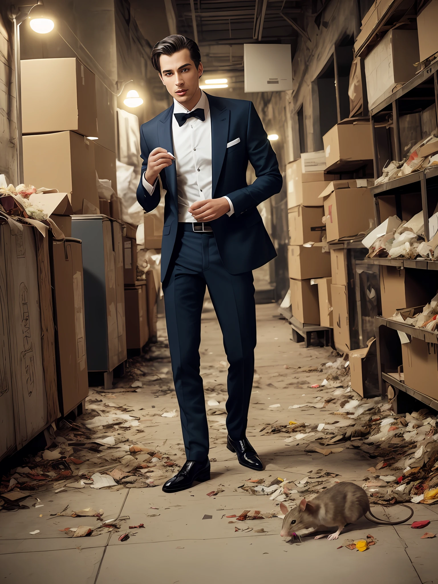 Awesome seducer, gorgeous posing, sexy European business lord wearing suit(clean), intricate environment, intricate skin texture, food waste, garbage, garbage, little dead mouse on the floor, night, night street lights, cardboard boxes, cute face, sexual intent, open mouth, normal legs