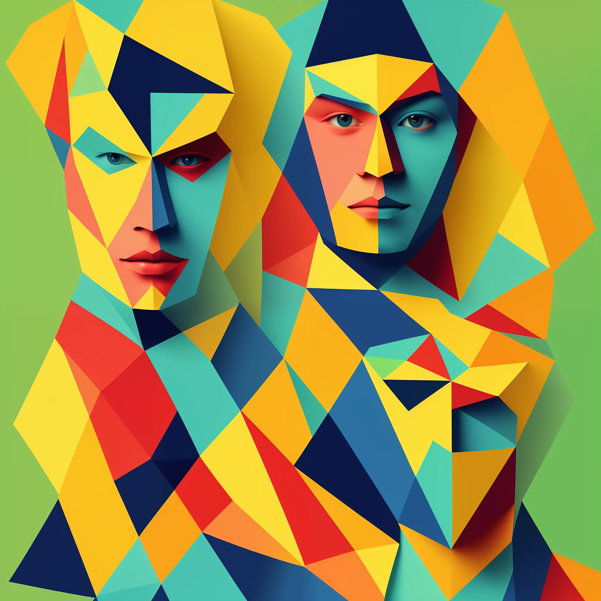 "A geometric masterpiece, high quality, high-resolution wallpaper, front portrait with mask of various emotions including sadness, joy, surprise and anger, modern and geometric style, with clear lines, centered effect and simple background."