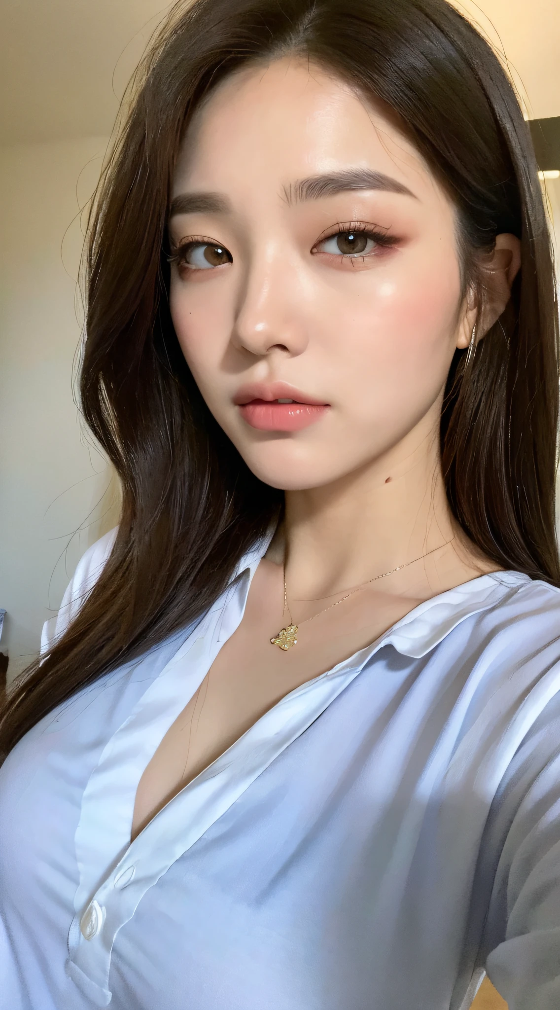 ((Top Quality, 8k, Masterpiece: 1.3)), Crisp Focus: 1.2, Beautiful Women with Perfect Style: 1.4, Slender Abs: 1.2, ((Dark Brown Hair, Big: 1.8)), Long Shirt (White Button Up: 1.1), Street: 1.2, Highly Detailed Face and Skin Texture, Detailed Eyes, Double Eyelids