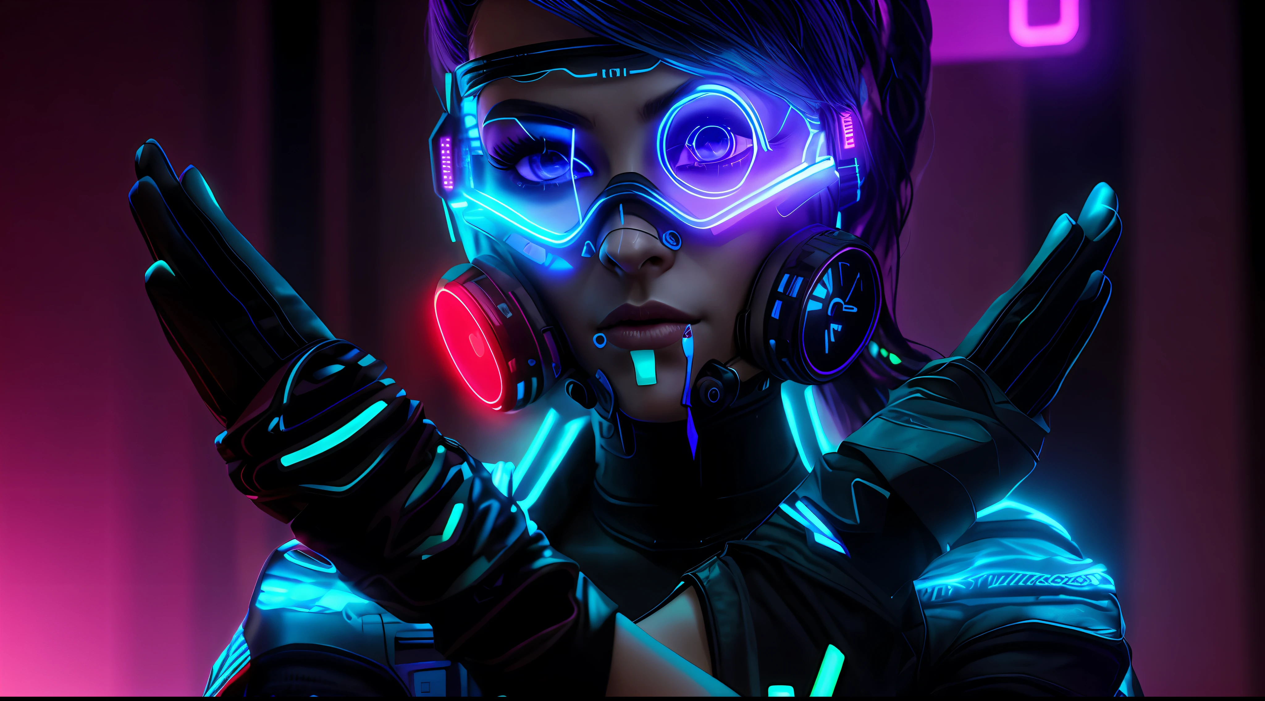 Arafed woman in a neon mask and gloves with her hands up, bright cyberpunk glow, cyberpunk character, dreamy cyberpunk girl, cyberpunk 2 0 y. the girl model, hyper-realistic cyberpunk style, cyberpunk beautiful girl, cyberpunk woman, cyberpunk girl portrait, beautiful cyberpunk model woman, cyberpunk vibe, muted cyberpunk style, cute cyberpunk girl face