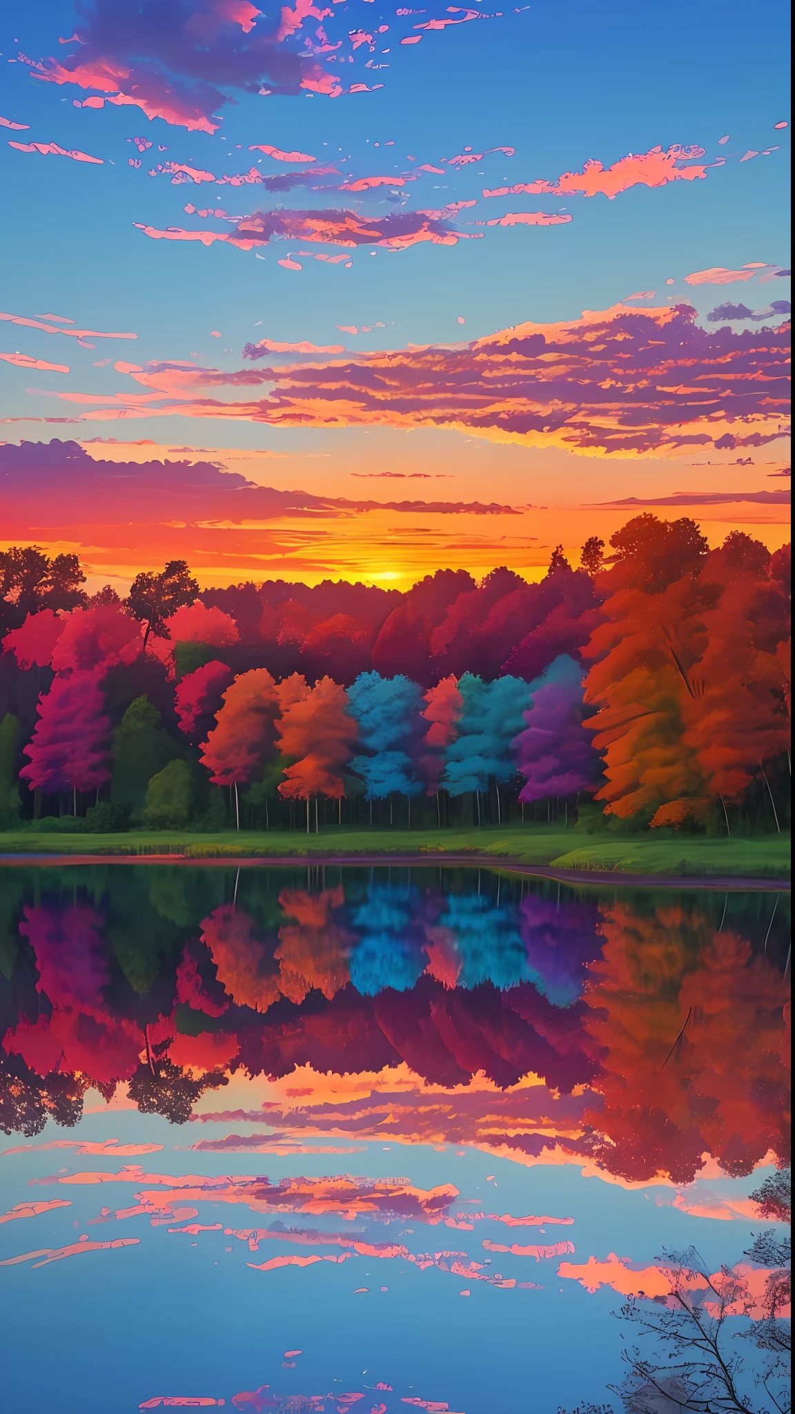 there is a beautiful sunset with a lake and trees in the background, colorful skies, surreal colors, colorful sunset, colorful sky, marvellous reflection of the sky, stunning sky, dream like atmosphere 8k, colorful clouds, colors reflecting on lake, surreal sky, red and blue reflections, fire reflection, beautiful sky, beautiful and spectacular dusk, beautiful dreamy landscape, amazing sky