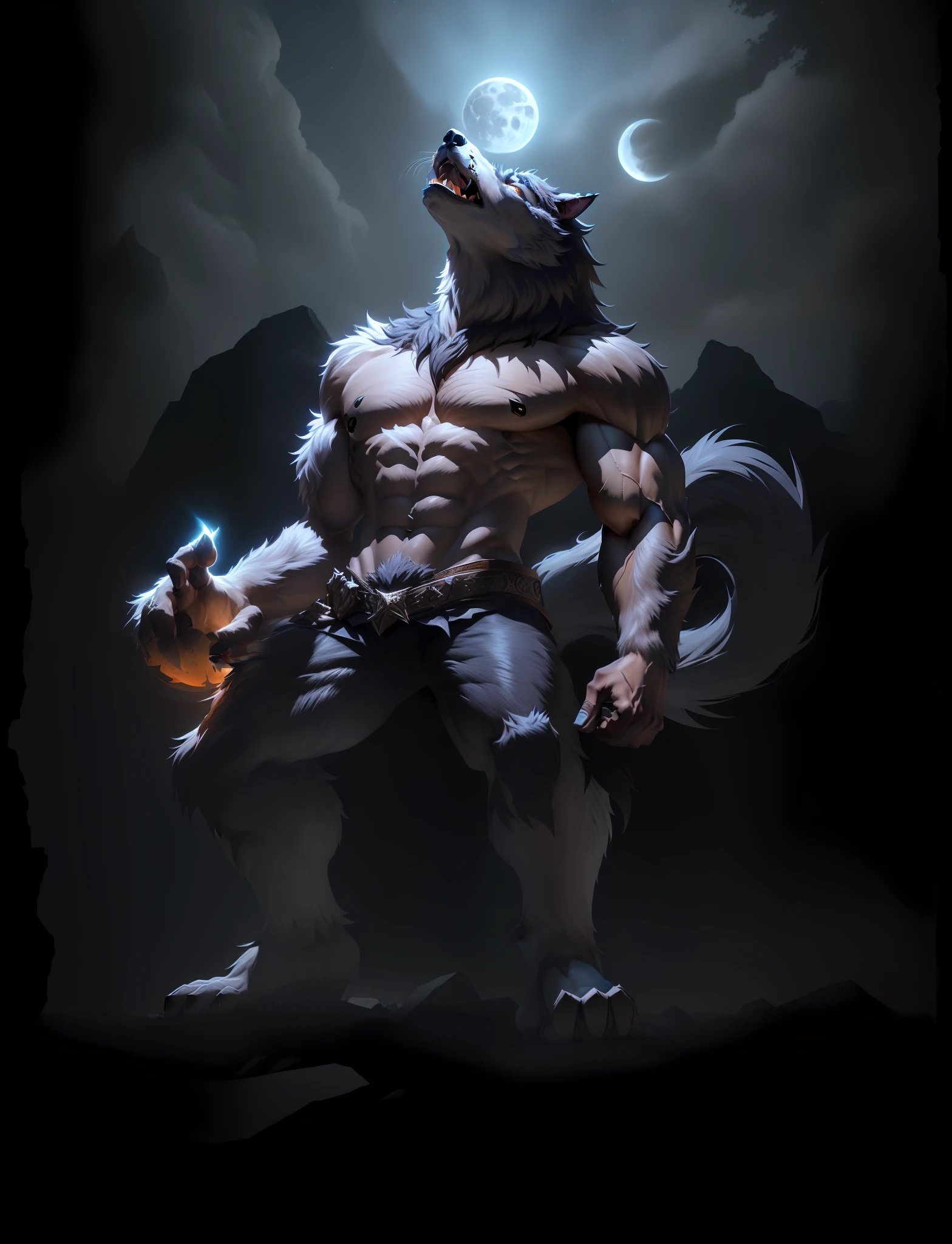 werewolf, hairy, dark night, realistic, detailed, muscular, howling, with the moon above the head, appearing the starry sky in the background, with rocks below the feet, colorful, 3d, hd high quality --auto --s2