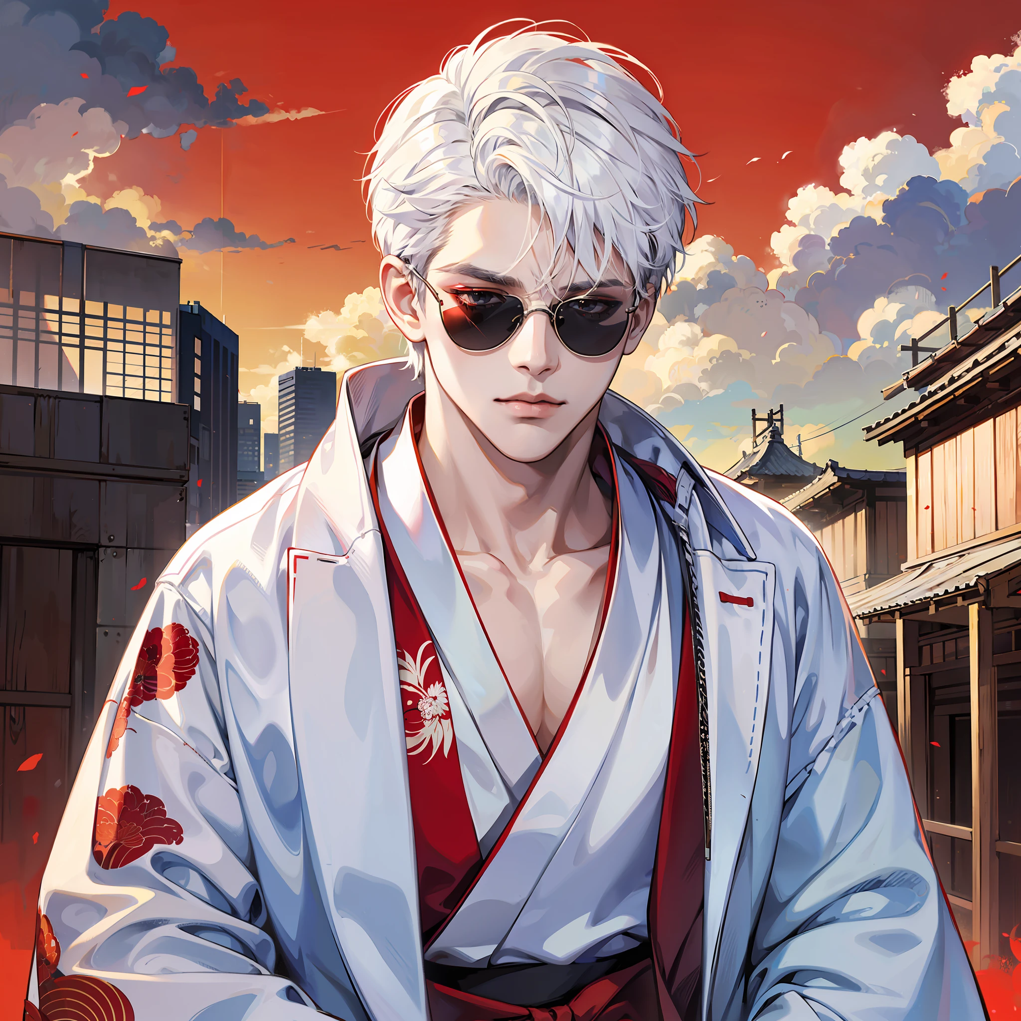 a boy with white hair with sunglasses and a red kimono --auto --s2