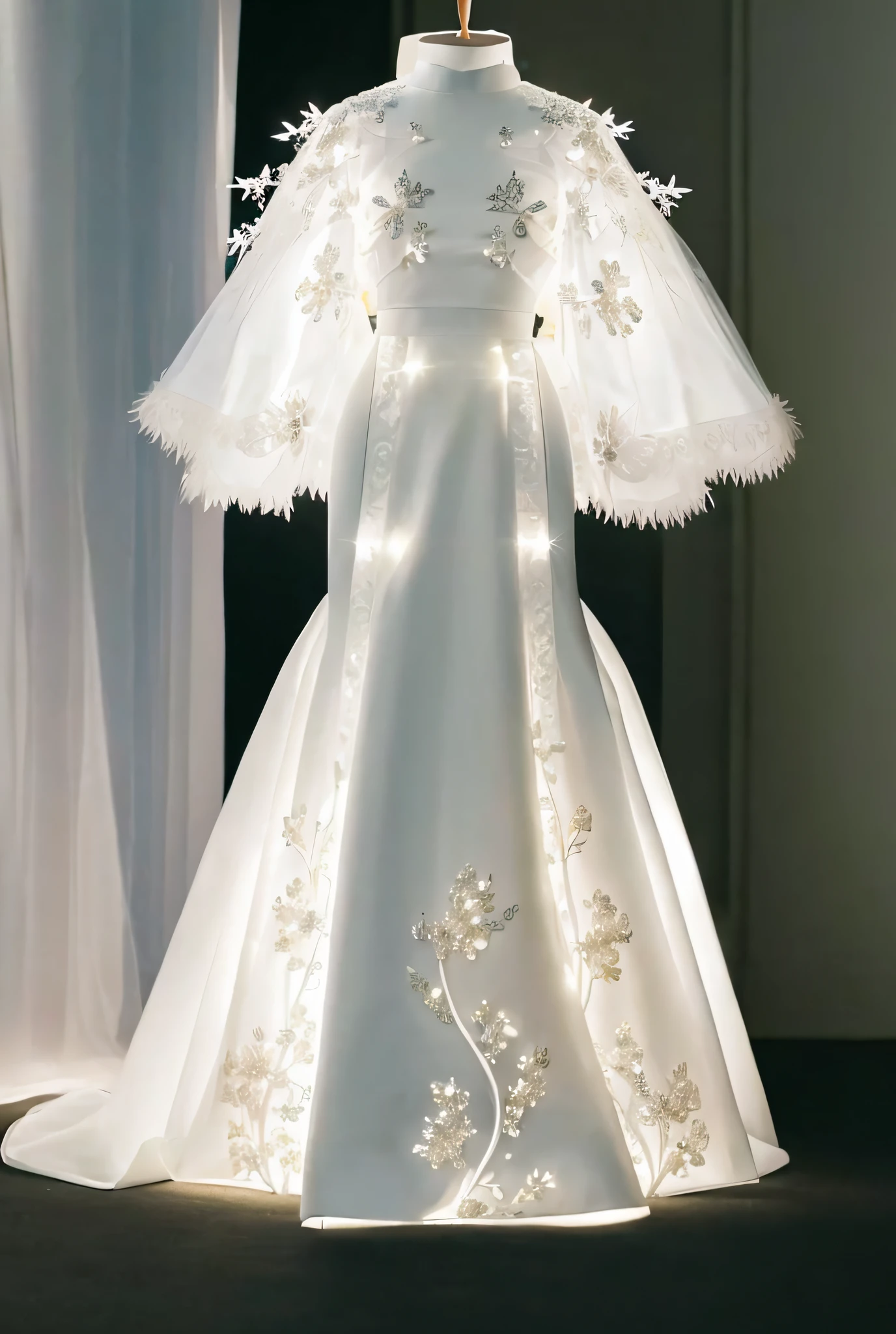 There is a dress on mannequin stand with light, white hanfu, translucent dress, white royal dress, elegant white dress, fantasy dress, elegant dress, magical dress, romantic dress, complex fantasy dress, complex white dress, wearing beautiful white, lady dress with glowing flowers, ethereal and dreamy, dream style, white dress, cheongsam, embroidery, backlight