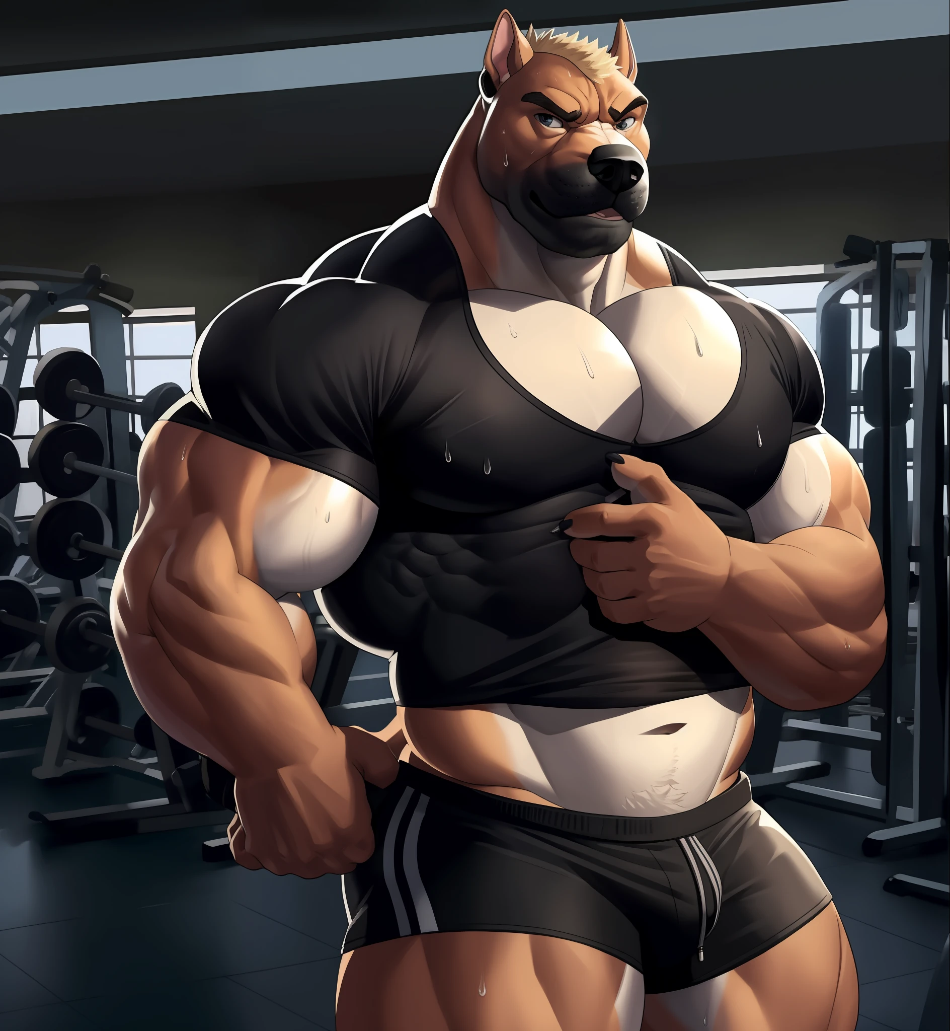 solo, anthro (cane Corso, pit Bull), full ears, body, white belly, detailed eyes, team t-shirt, Gym,: 1.6, sweat, heavy breathing: 1.5, correct hand, correct anatomy, biceps, (muscular) veins by the body little volume of the private parts (thick fabric black shorts, Earphone 1.2, Gym background, 8k hd, dark shadows.