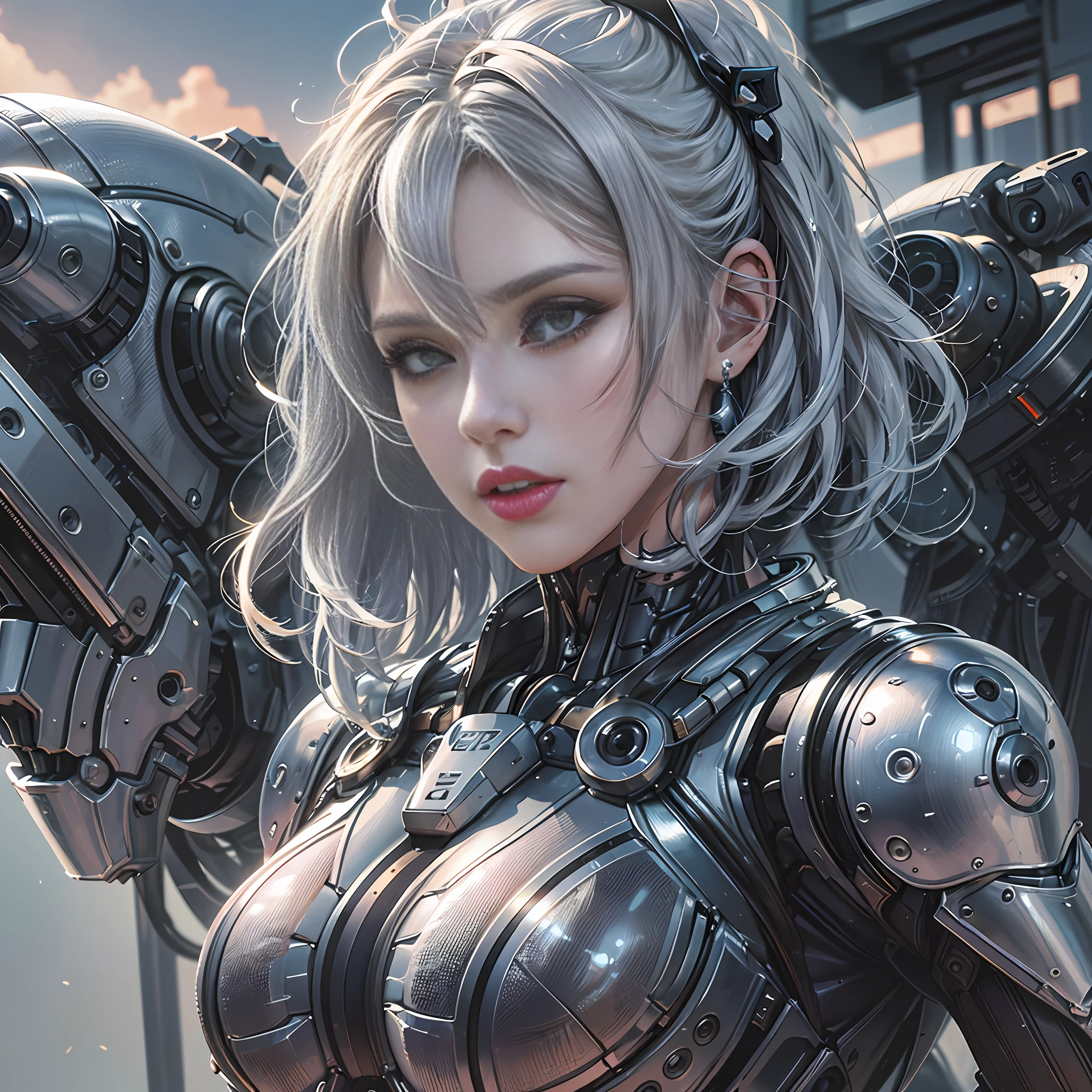 masterpiece, best quality, ultra realistic, hyper-detailed, 8k resolution, RAW photo, sharp focus, (1girl), solo, gorgeous face, perfect body, mature female, 25yo, portrait, mecha, white armor, nanosuit, sexy, messy hair, cinematic, cinematic light, dark theme
