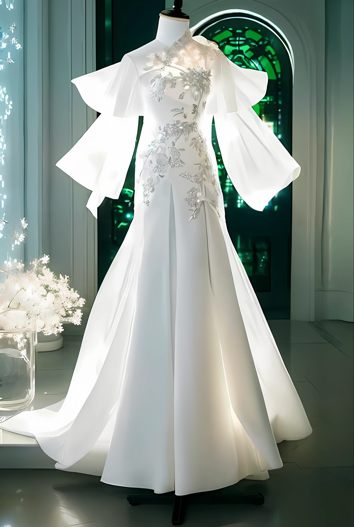 There is a dress on mannequin stand with light, white hanfu, translucent dress, white royal dress, elegant white dress, fantasy dress, elegant dress, magical dress, romantic dress, complex fantasy dress, complex white dress, wearing beautiful white, lady dress with glowing flowers, ethereal and dreamy, dream style, white dress, cheongsam, embroidery, backlight