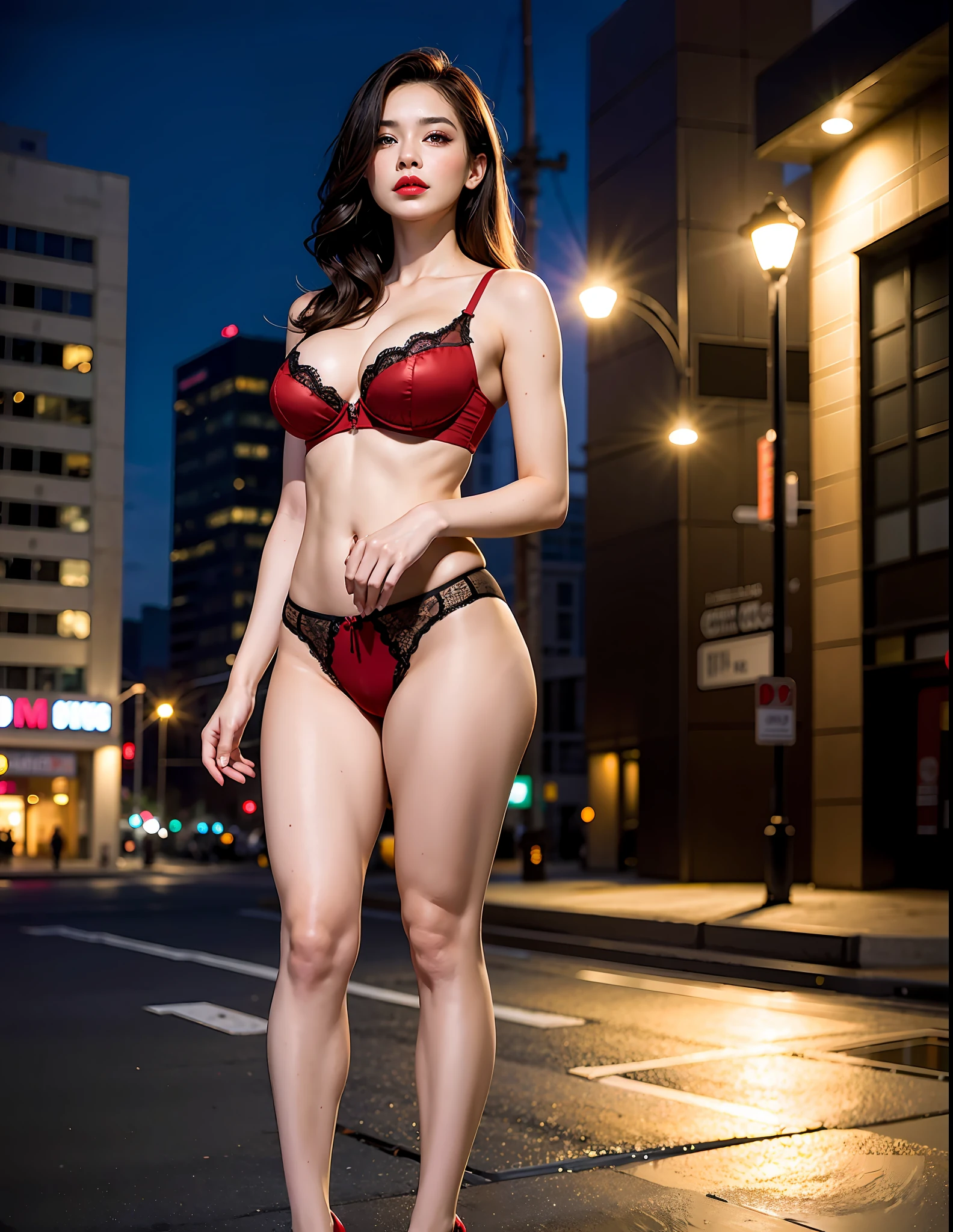 (8k, RAW photo, best quality, masterpiece: 1.2), (realistic, photorealistic: 1.37), 1 girl, black,black race,Africa, 40s,, cityscape, night, professional lighting, photon mapping, radiosity, torn, large, transparent bright red and very small bra, tip standing out, protruding areola, clearly visible pubic shape, gal , Many eyelashes, eyelids thighs, bright red lips, black heels, pubic hair, bristles on the lower abdomen, Slender, crotch open, they are large and seem to come out of the bra