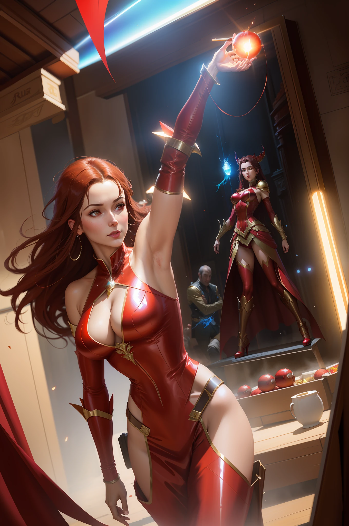 arafed woman in a red costume use magic in her hand, extremely detailed artgerm, artgerm and ruan jia, concept art | artgerm, artgerm detailed, artgerm julie bell beeple, wlop and artgerm, artgerm. anime illustration, by ruan jia and stanley artgerm