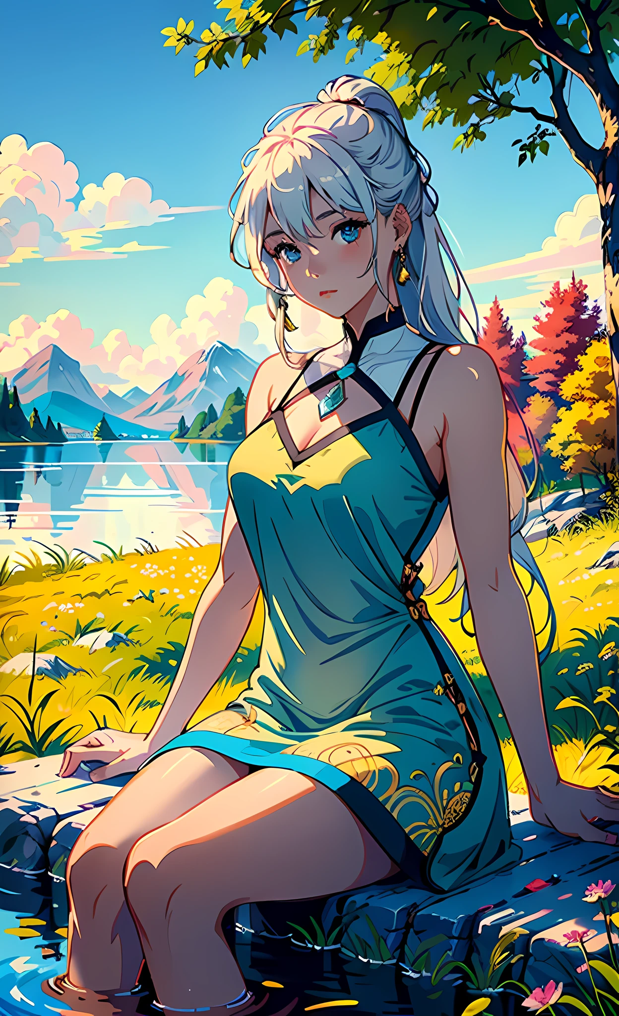 1 girl, serene expression, mesmerizing eyes, straight long hair, flowing dress, poised posture, porcelain skin, subtle blush, crystal pendant
BREAK
golden hour, (rim lighting):1.2, warm tones, sun flare, soft shadows, vibrant colors, painterly effect, dreamy atmosphere
BREAK
scenic lake, distant mountains, willow tree, calm water, reflection, sunlit clouds, peaceful ambiance, idyllic sunset, ultra detailed, official art, unity 8k wallpaper
, zentangle, mandala