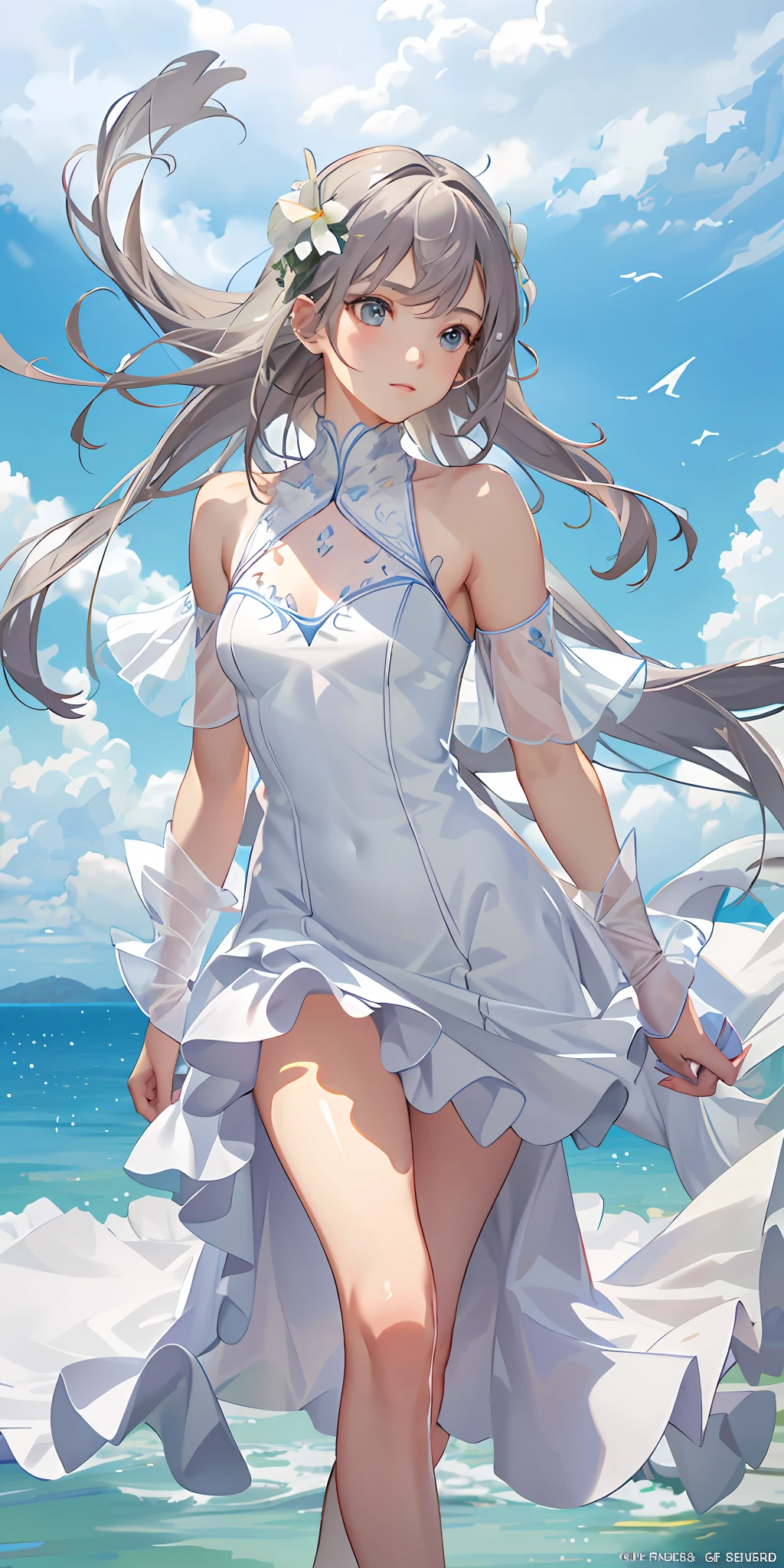 Top quality, high quality texture, fine-grained, realistic expression of face, detailed skin, anime, girl, gentle eyes, sexy, mix, model, illustration, portrait, knee up, ws, semi-real, princess, dress, white dress, fair skin, wind flower, meadow, water lake, sun, light, (small breasts), gray hair