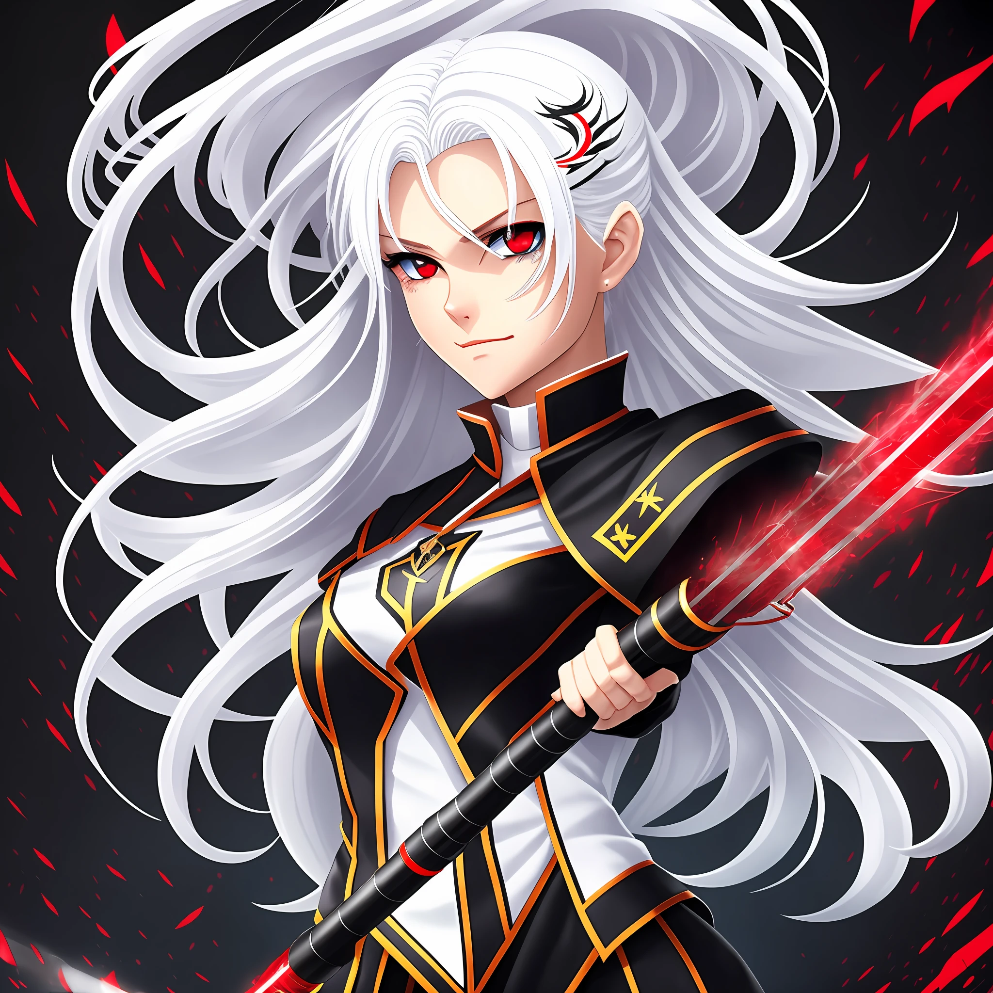 Woman, white hair, black uniform, red eyes, staff in hand --auto --s2