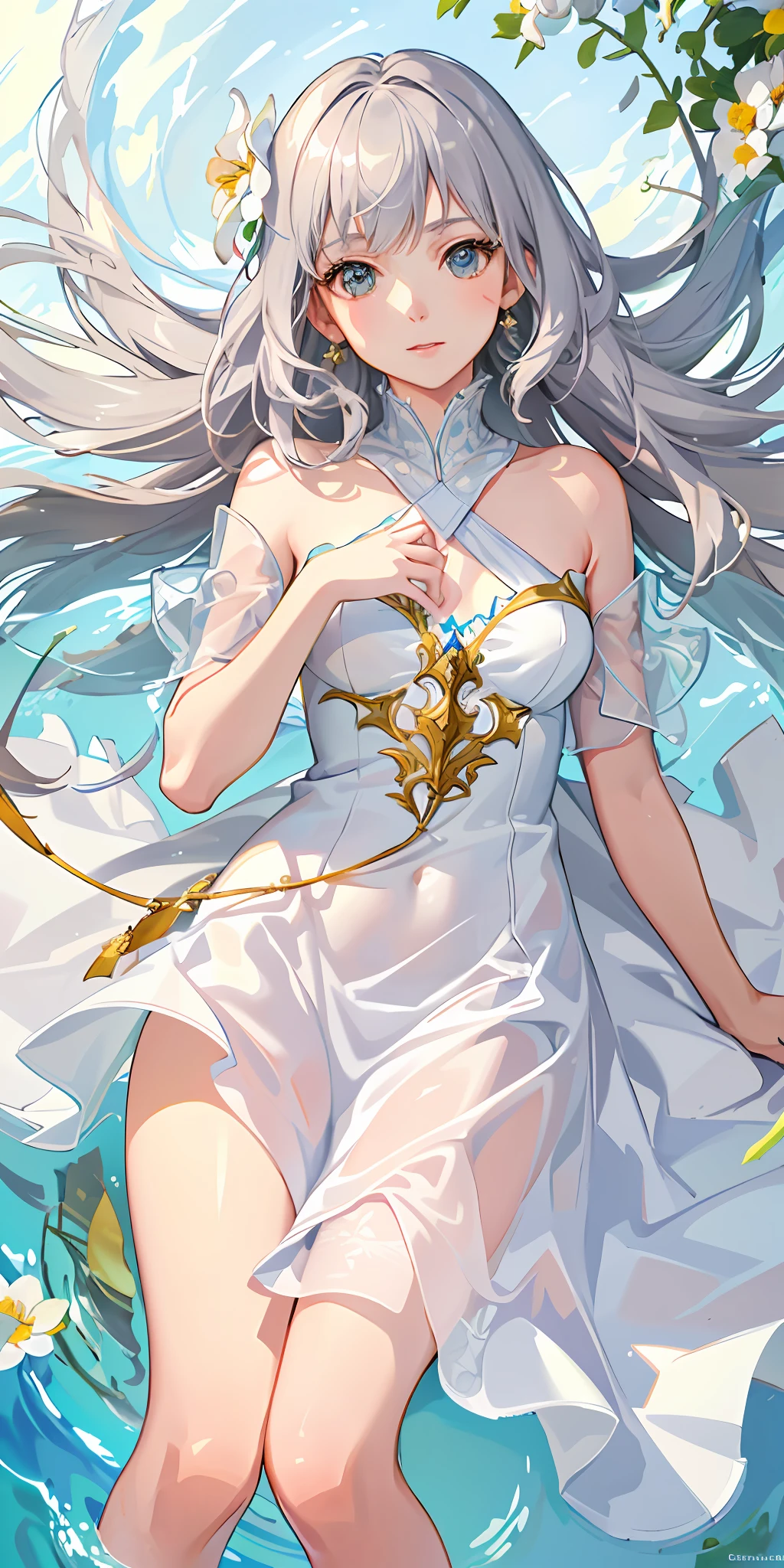 Top quality, high quality texture, fine-grained, realistic expression of face, detailed skin, anime, girl, gentle eyes, sexy, mix, model, illustration, portrait, knee up, ws, semi-real, princess, dress, white dress, fair skin, wind flower, meadow, water lake, sun, light, (small breasts), gray hair