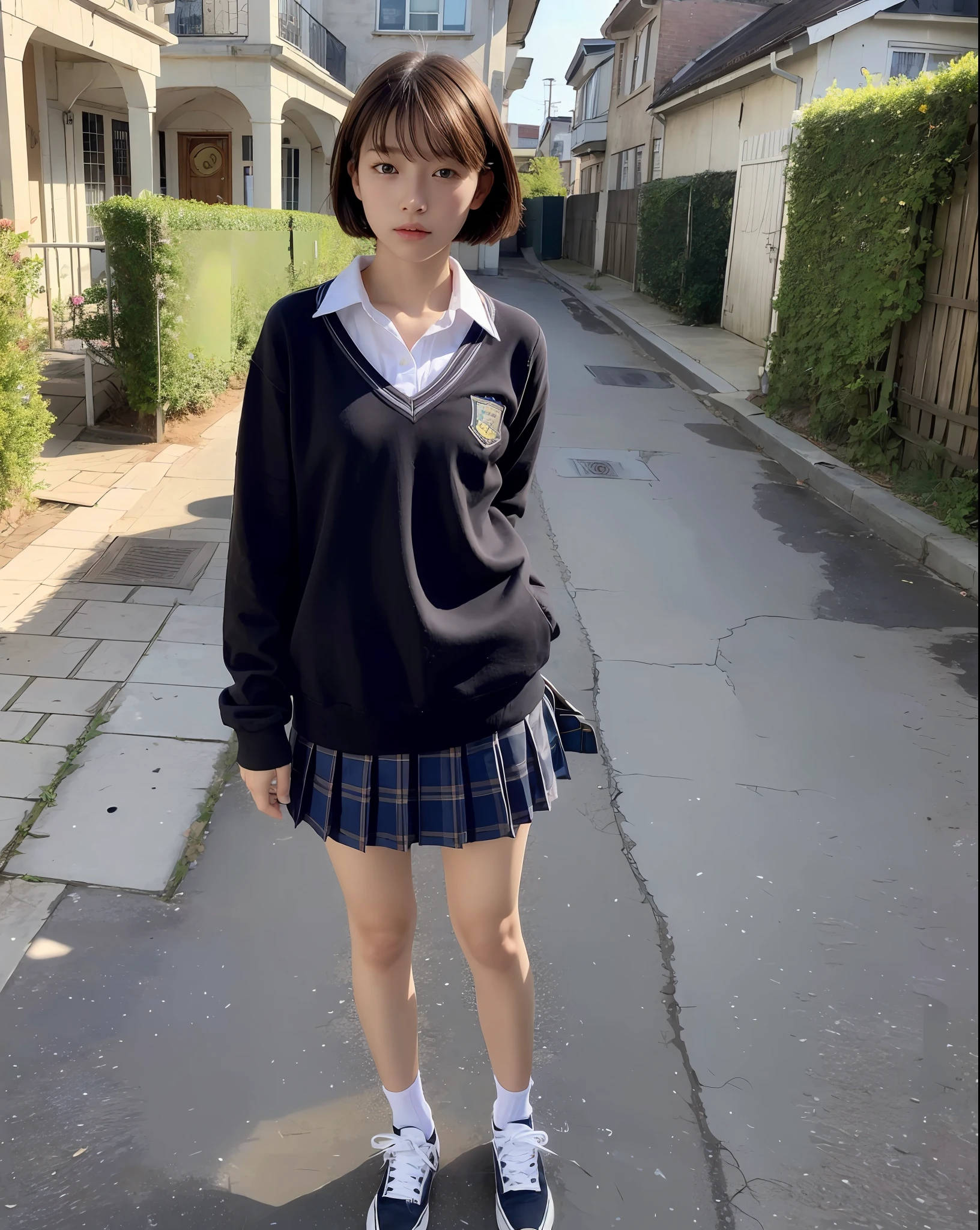 beautiful woman with perfect figure, very detailed face and skin texture, detailed eyes, short hair, little messy hair, school uniform, standing on the empty street, high resolution, photorealistic