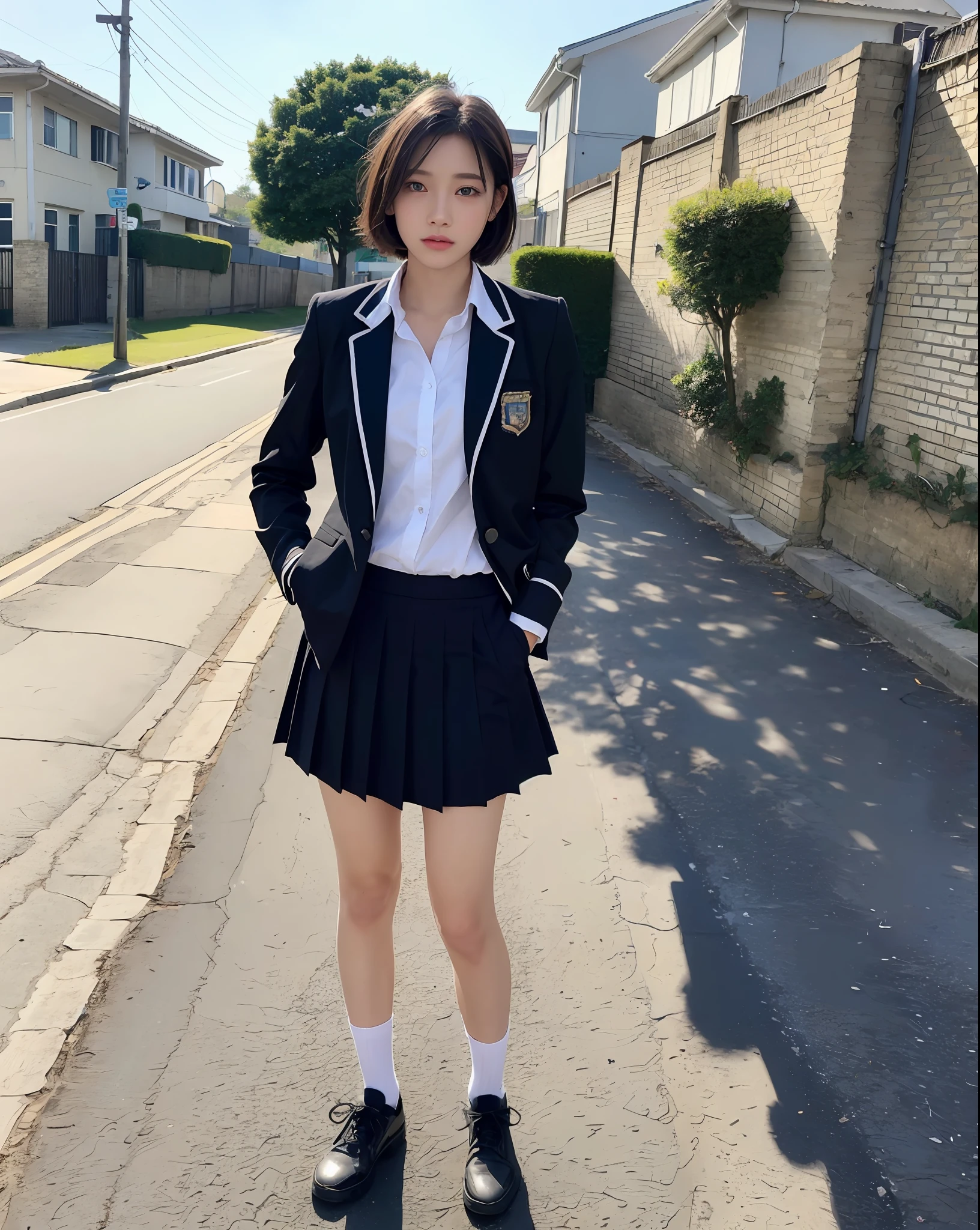 beautiful woman with perfect figure, very detailed face and skin texture, detailed eyes, short hair, little messy hair, school uniform, standing on the empty street, high resolution, photorealistic