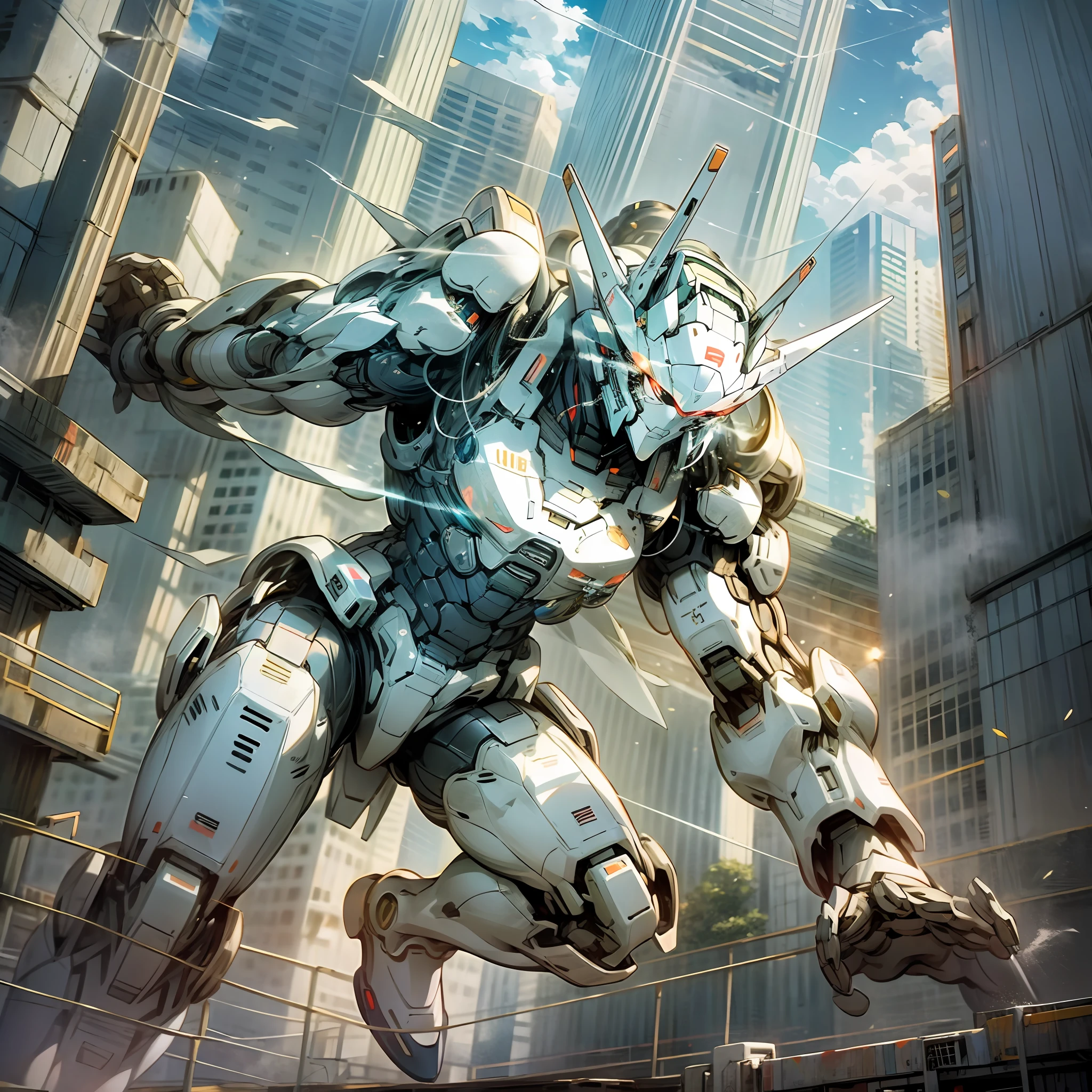 Real robot anime, giant white robot falling from the sky, flying pose, backlit, low angle, buildings --auto --s2