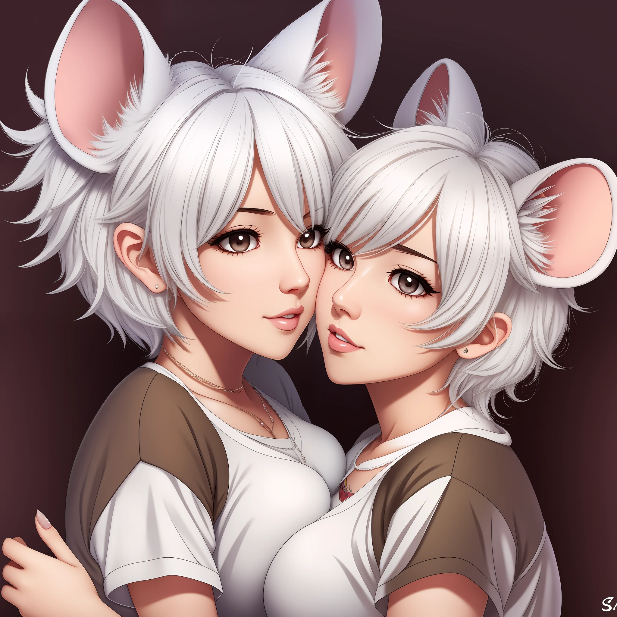 Lesbian couple, mouse women, short fluffy white hair, big round mouse ears, white sweaters, busty, ((dark brown eyes)), beautiful, glossy lips, detailed eyes, mid 20s --auto --s2