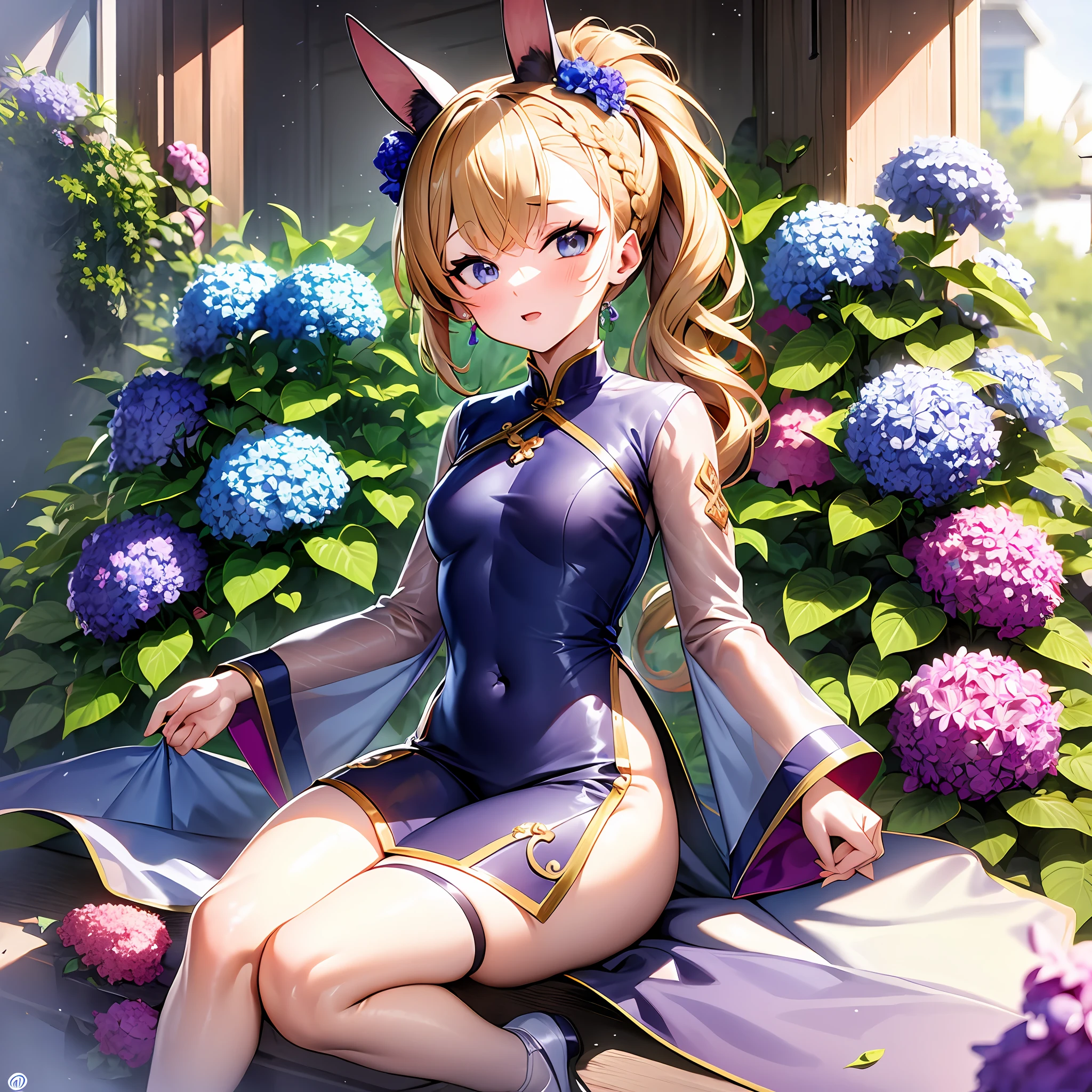 Hydrangea, rainbow, ao dai, rabbit ears, thick eyebrows, female brat, small, pigtails, beautiful blonde, braid, (masterpiece), ((best quality)), (super detailed), full body anime girl, clean and detailed face, five fingers, textile shading, perfect human body structure, perfect anatomy,