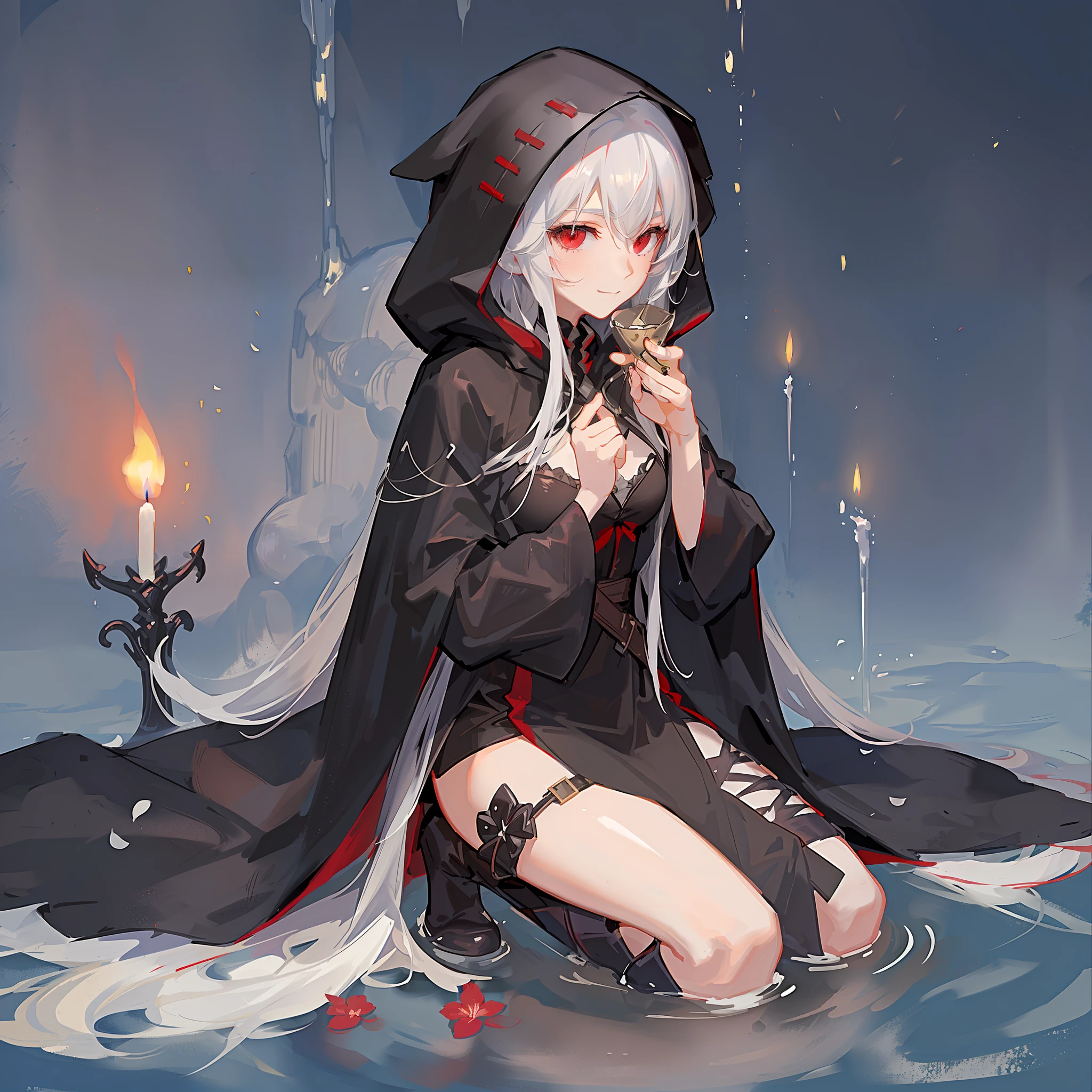 Maiden, black robe, hood, cape, red eyes, long white hair, faint smile, anime, hand holding candle, kneeling position