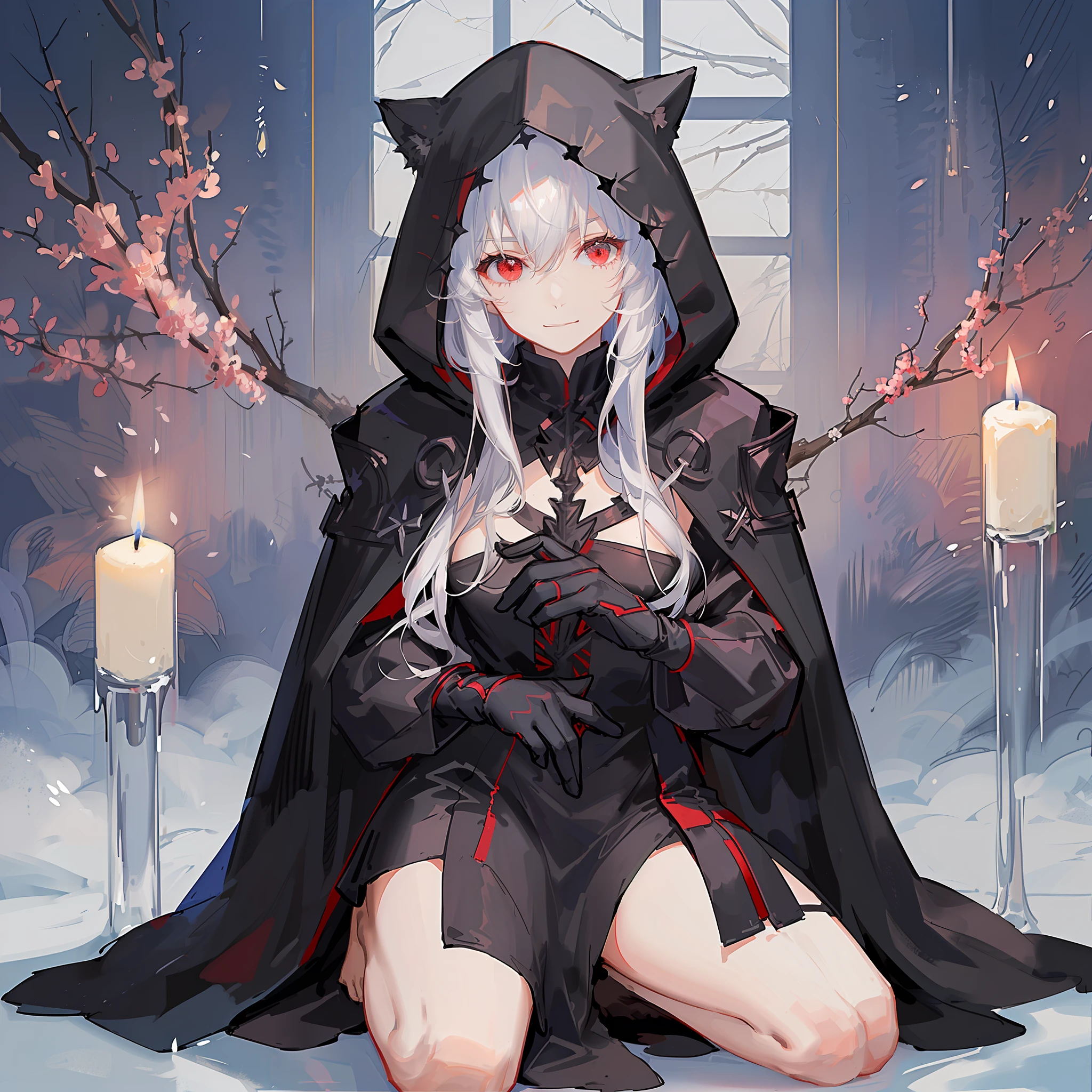 Maiden, black robe, hood, cape, red eyes, long white hair, faint smile, anime, hand holding candle, kneeling position