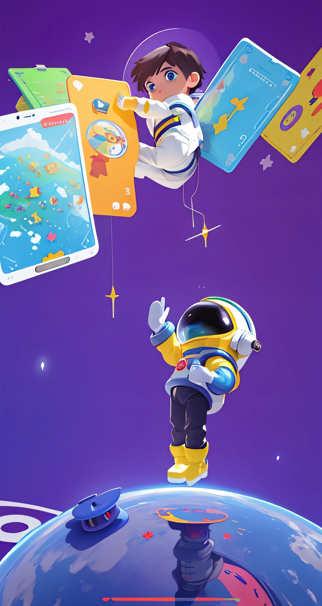 a close up of a person on a planet with cards flying around, promotional render, toy commercial photo, promo art, 3 d icon for mobile game, photography of kurzgesagt, mobile game, playrix games, futuristic nft card game, mysterio, small astronaut looking up, epic lost in space, mobile game art, toonix character