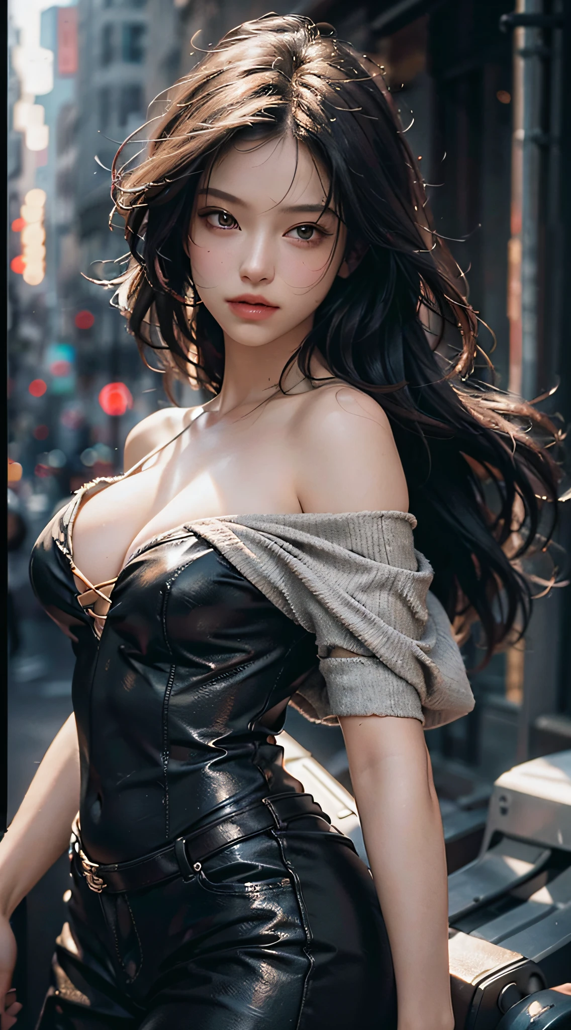 Best Quality, Masterpiece, Ultra High Resolution, (Realisticity: 1.4), Original Photo, 1girl, Off Shoulder, Cinematic Lighting, Big Tits, 8K