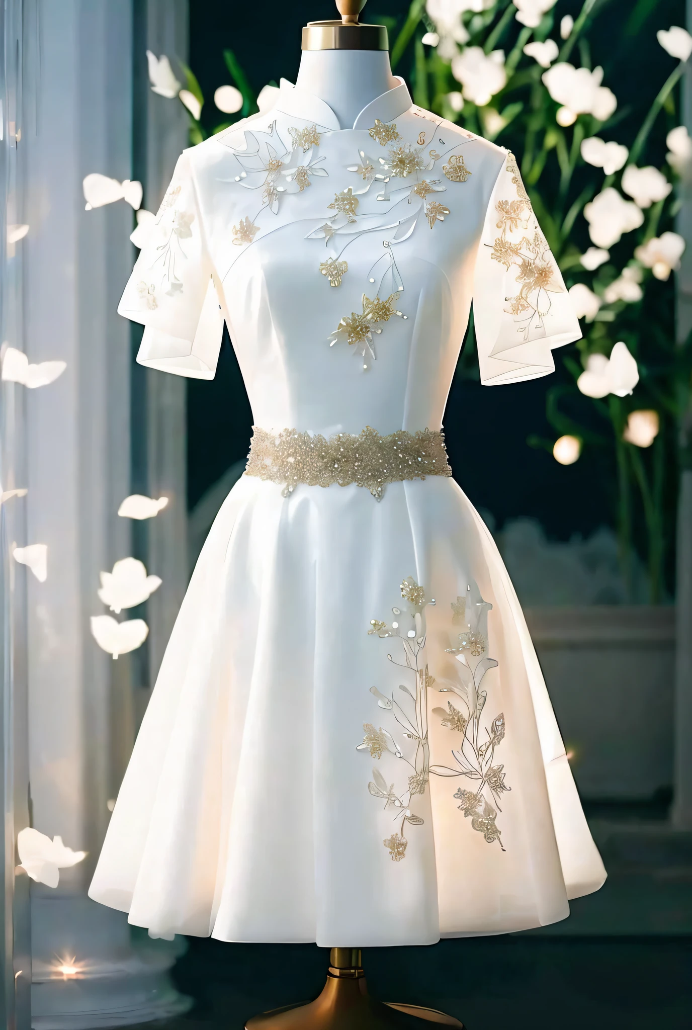 There is a dress on mannequin stand with light, white hanfu, translucent dress, white royal dress, elegant white dress, fantasy dress, elegant dress, magical dress, romantic dress, complex fantasy dress, complex white dress, wearing beautiful white, lady dress with glowing flowers, ethereal and dreamy, dream style, white dress, cheongsam, embroidery, backlight