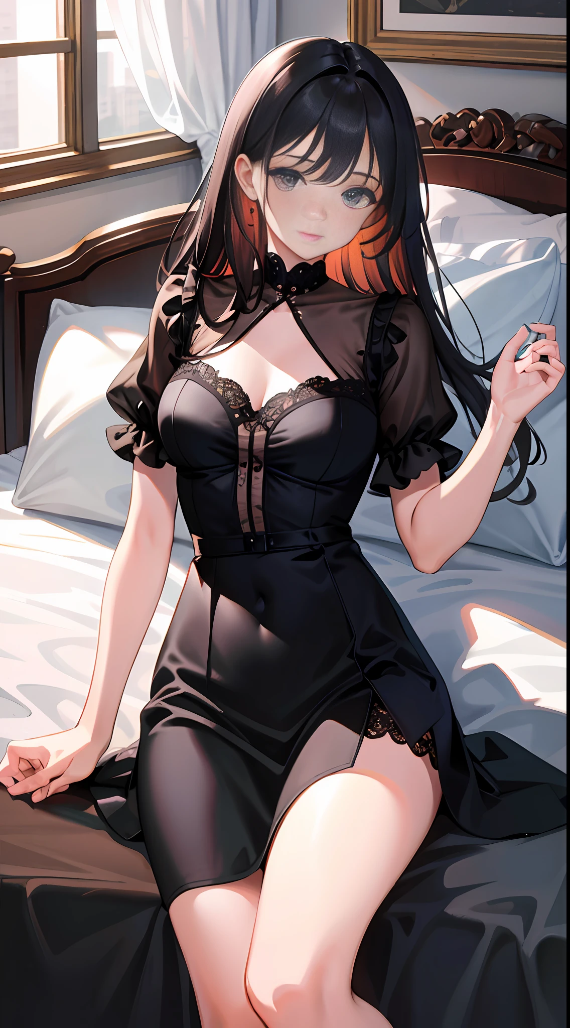 masterpiece, best quality, super detailed, illustration, masterpiece, best quality, super detailed, medium view, ((vista, wide angle 1.31)), at home, in bed, three girls, sexy, skirt, black silk