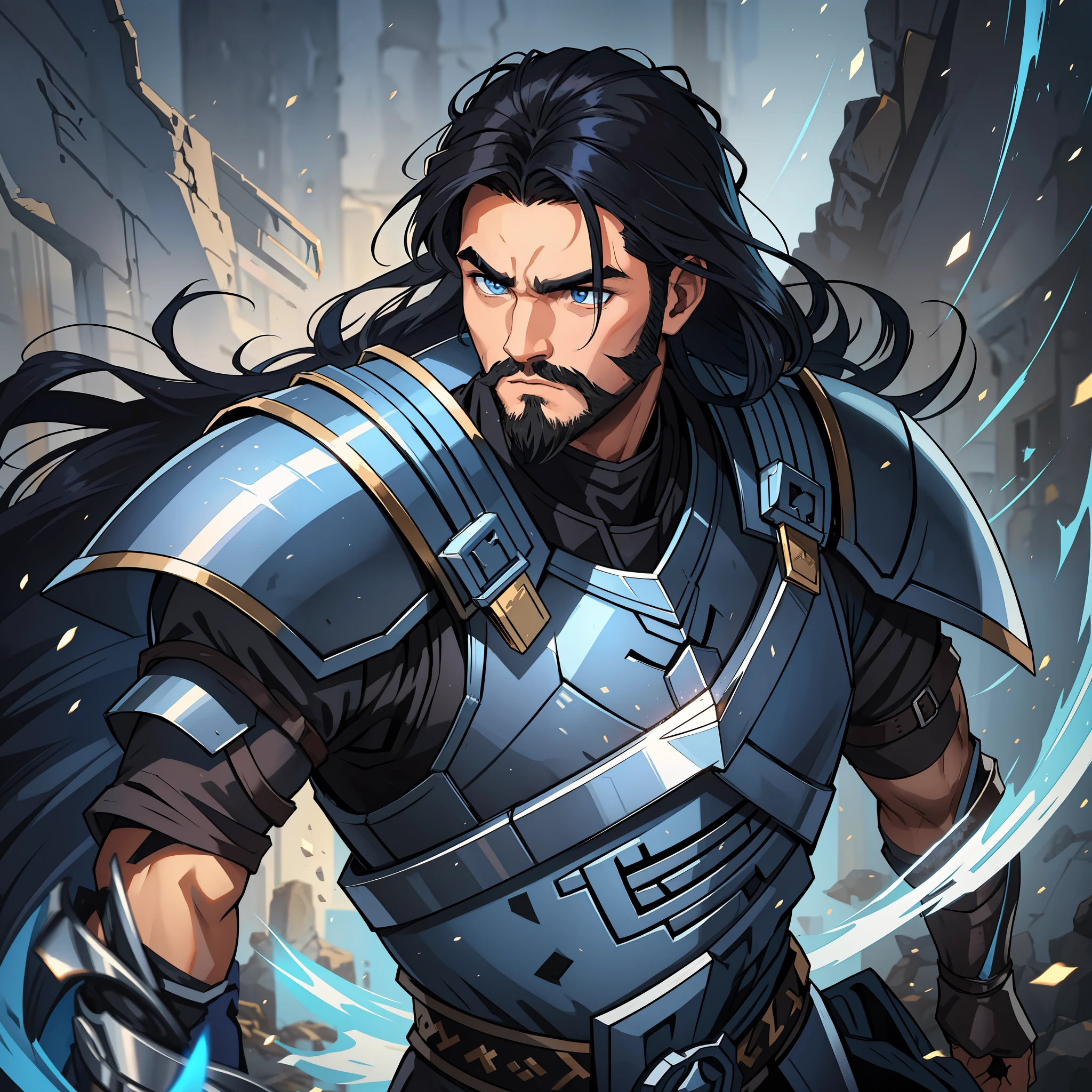 A manly man a warrior in his powerful armor with traces of blue and metal This man has long voluminous and silky black hair and a short beard, this man is young and has white skin, he is a beautiful young warrior with the perfect face