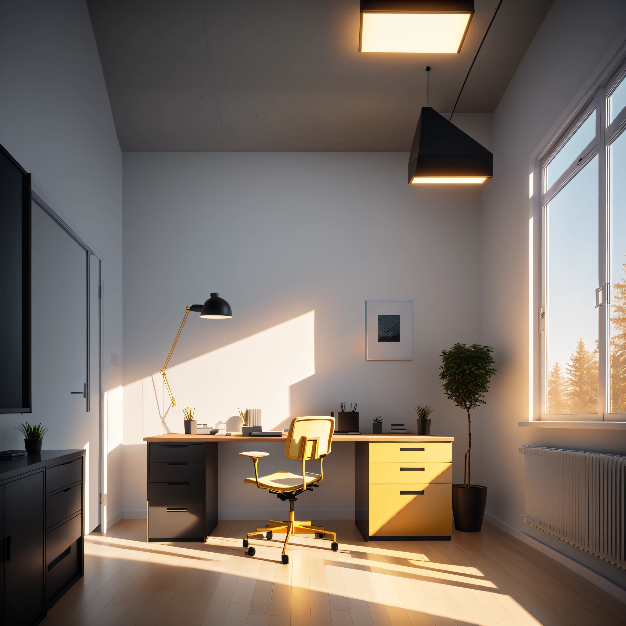 Great office, minimalist, Scandinavian style, golden hour, volume lights, vray