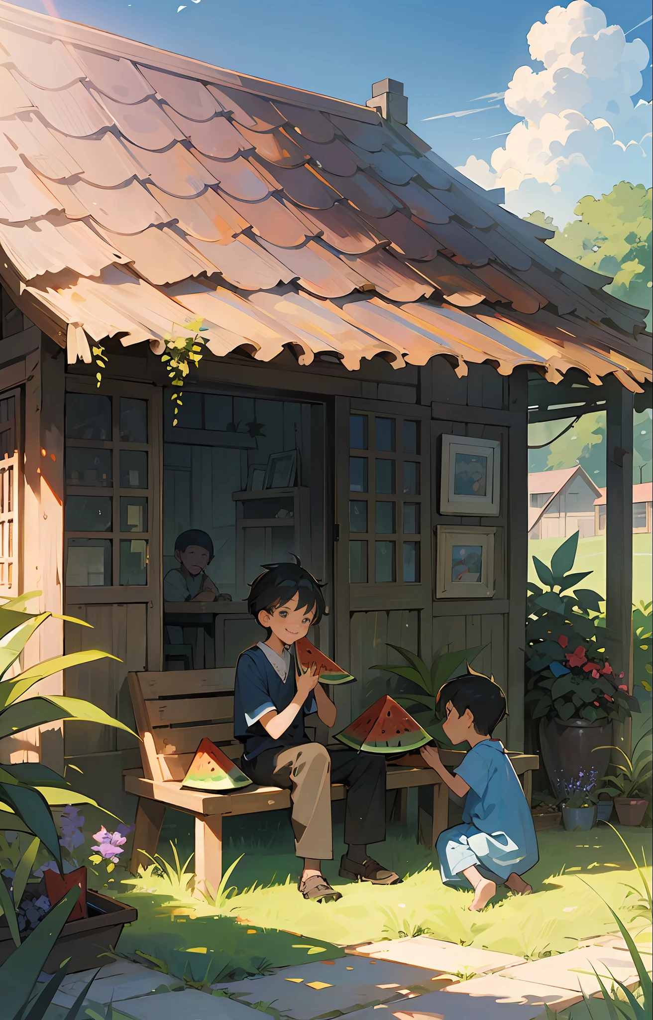 Masterpiece, best quality, little boy eating watermelon in yard with grandfather, smile, fine facial features, plants full yard, grass, countryside, clouds, sun, clean blue sky, two people talking happily, summer