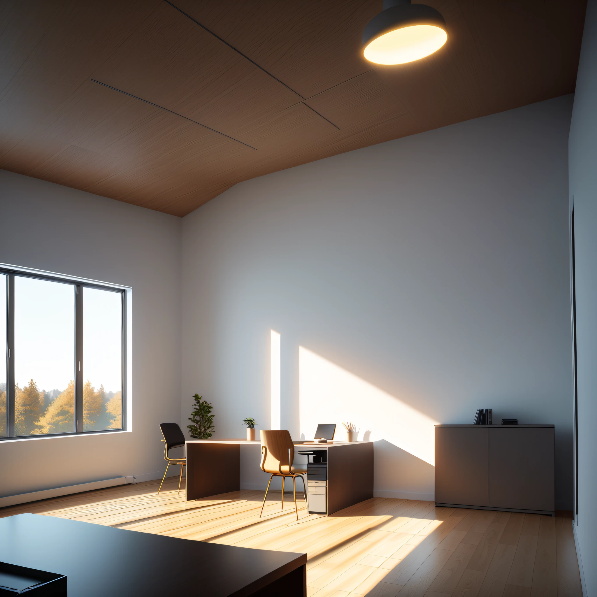 Great office, minimalist, Scandinavian style, golden hour, volume lights, vray
