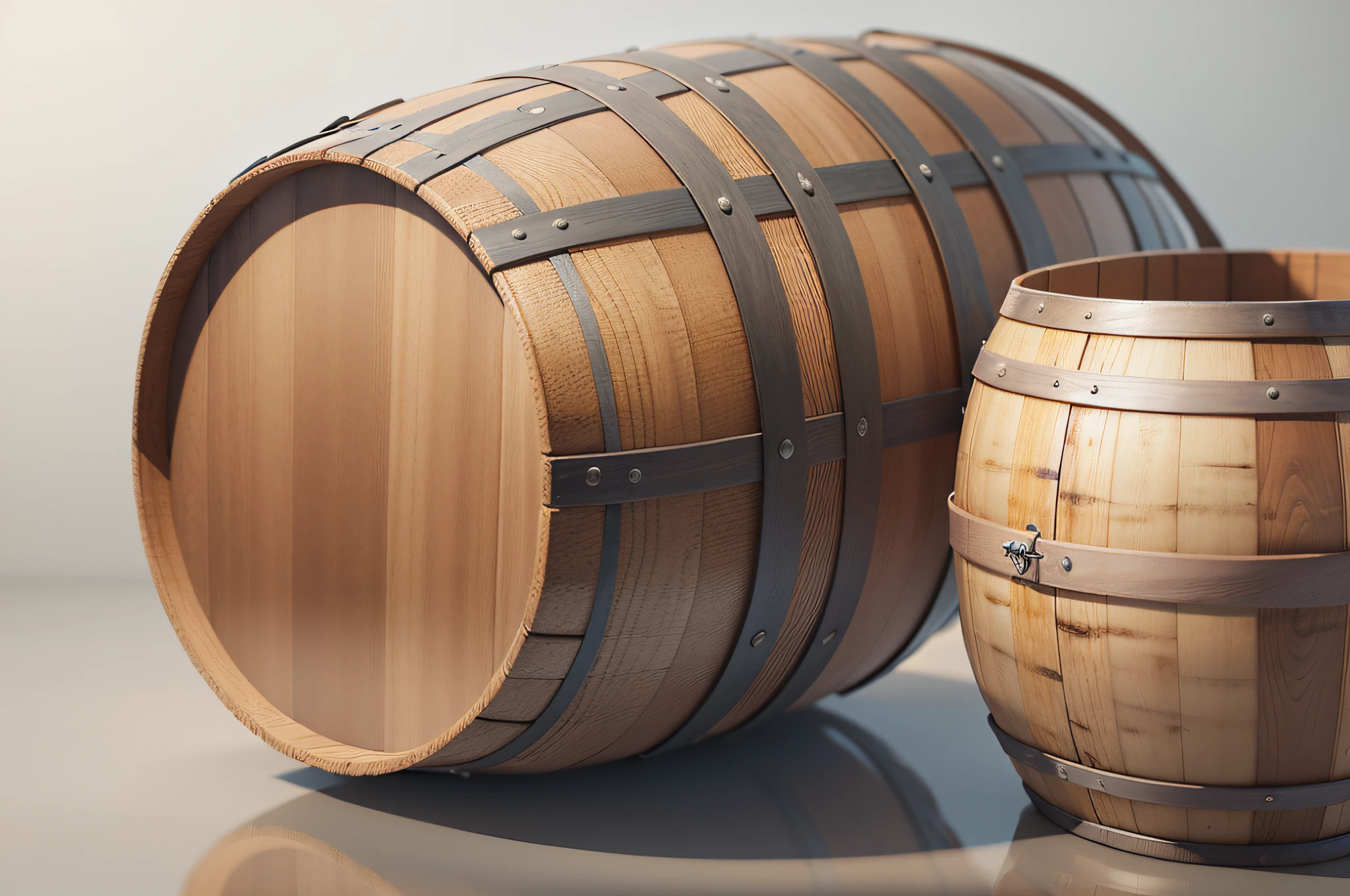 Wooden barrel, view from different angles, isolated on transparent background. Clipping path indluded. 3D render. --auto --s2