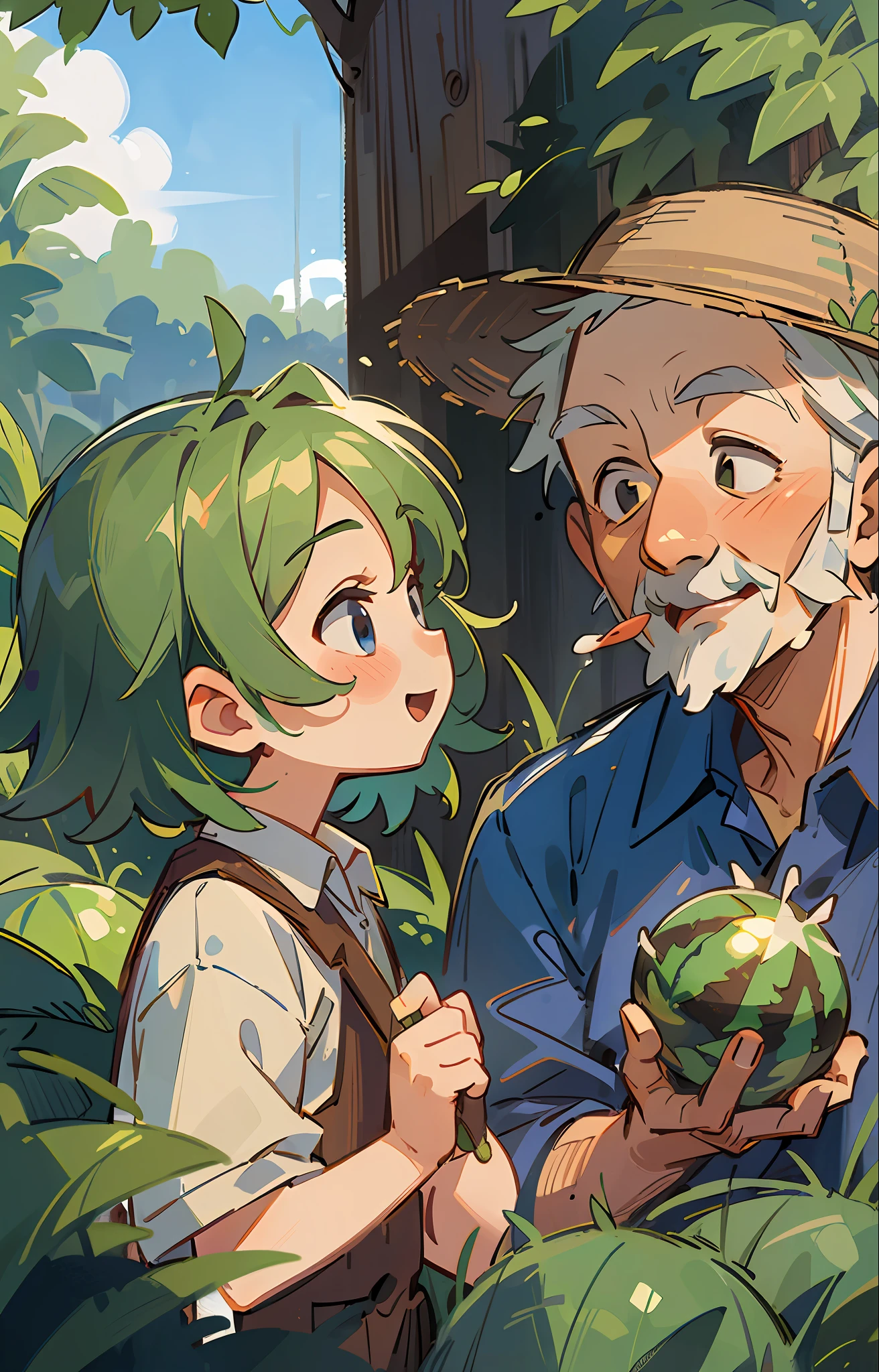 (Masterpiece, best quality), little boy with kind old grandpa eating watermelon in the yard, smiling, fine facial features, full yard of plants, grass, countryside, clouds, sun, clean blue sky, two people talking happily, summer