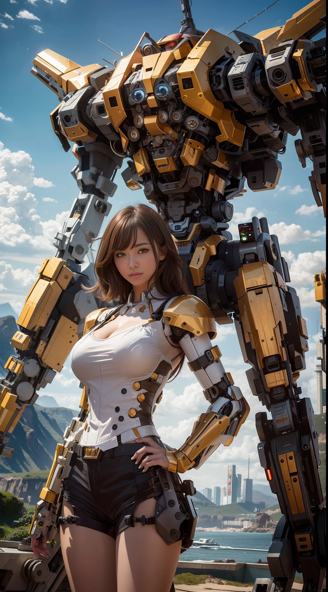 8K HD, the best picture quality, clear picture, amazing details, huge mecha, detailed mecha face, a beautiful girl and a giant mech, optimized depth of field, emphasizing the details of the girl and mech, making the picture more realistic.upper body,