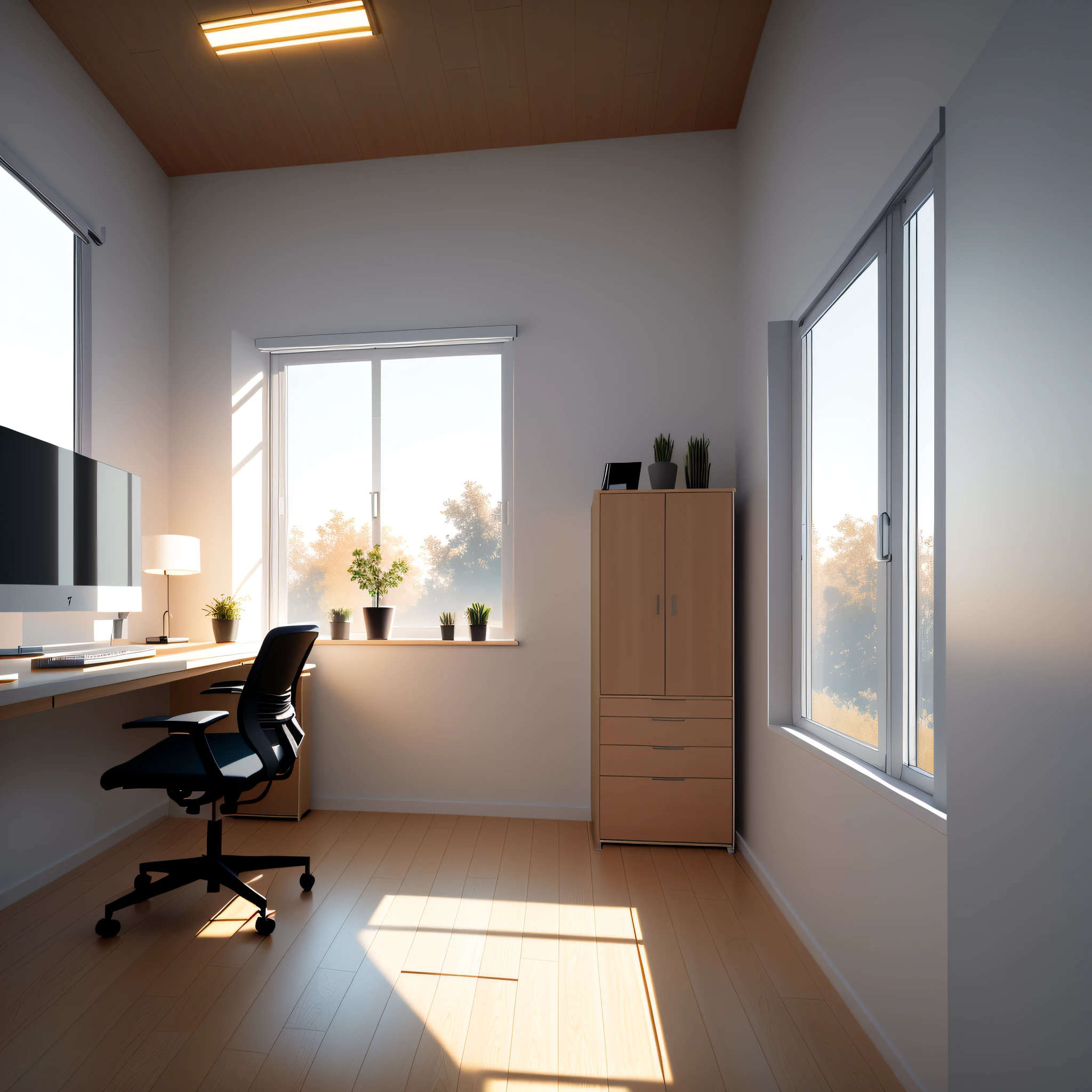 Great office, minimalist, Scandinavian style, golden hour, volume lights, vray