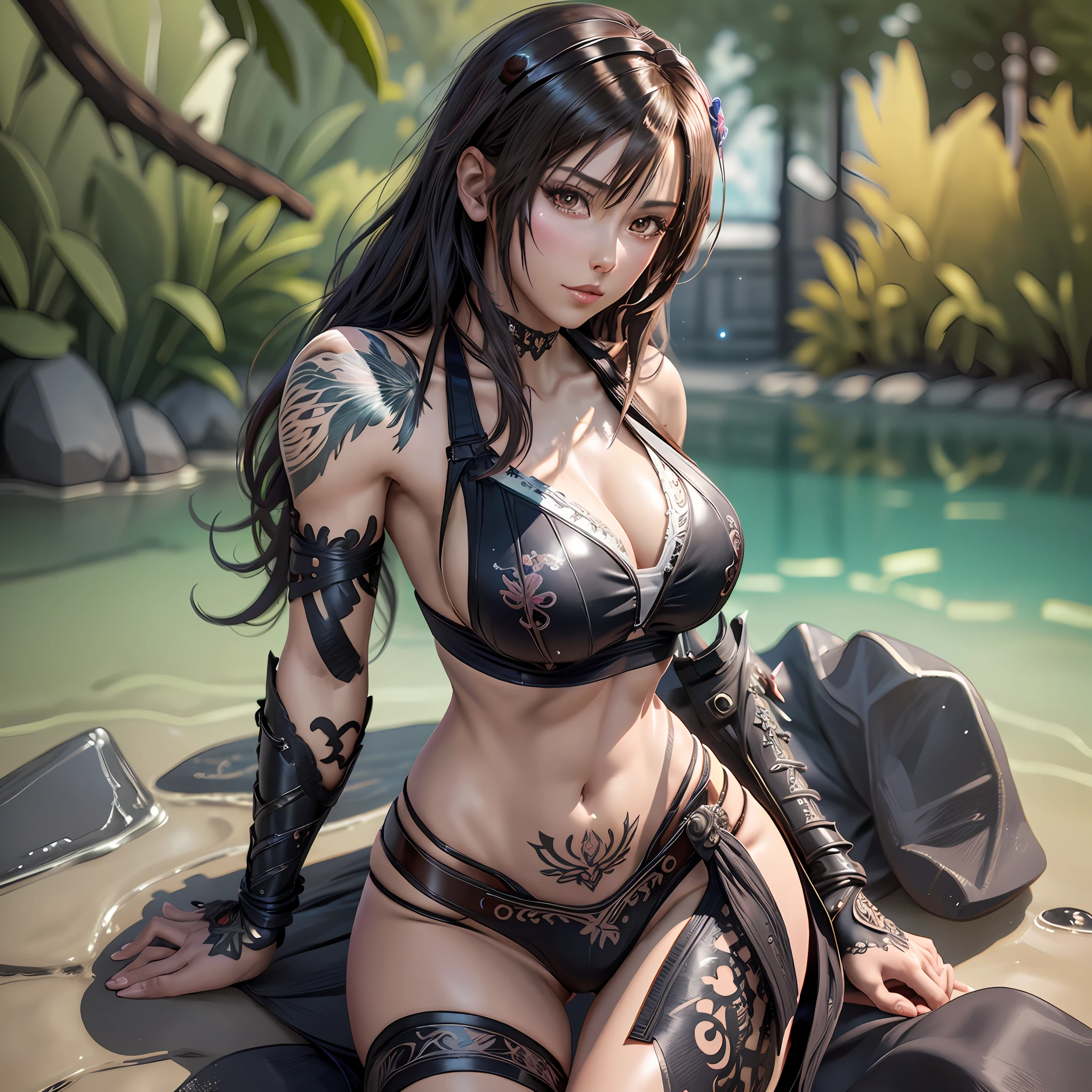 there is a woman in a bikini with tattoos on her chest, realistic bikini, detailed digital anime art, extremely detailed artgerm, seductive anime girl, beautiful alluring anime woman, bikini armor, [ 4 k digital art ]!!, 8k high quality detailed art, seductive tifa lockhart portrait, beautiful digital artwork, ornate bikini armor, bikini-armor