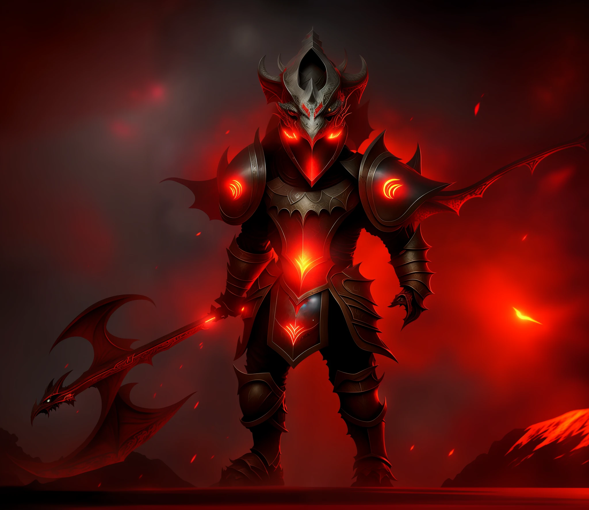 dragon knight, eyes mouth and nose appearing, helmet open in front, red eyes, imposing, with dragon red giGaNTE BACKGROUND, black and red armor, best quality, 8k, masterpiece:1.3
