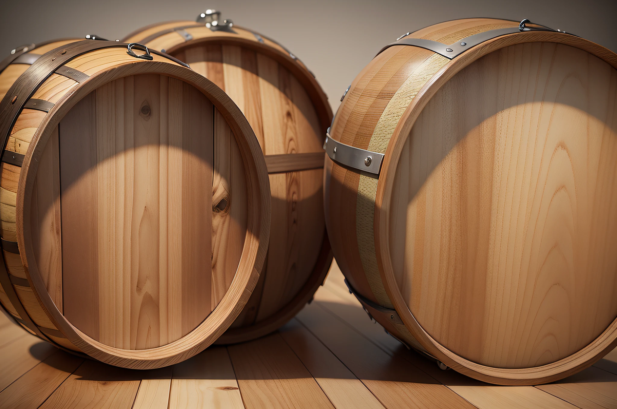 Wooden barrel, view from different angles, isolated on transparent background. Clipping path indluded. 3D render. --auto --s2