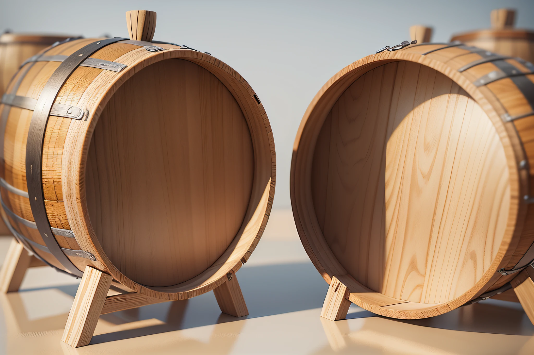 Wooden barrel, view from different angles, isolated on transparent background. Clipping path indluded. 3D render. --auto --s2