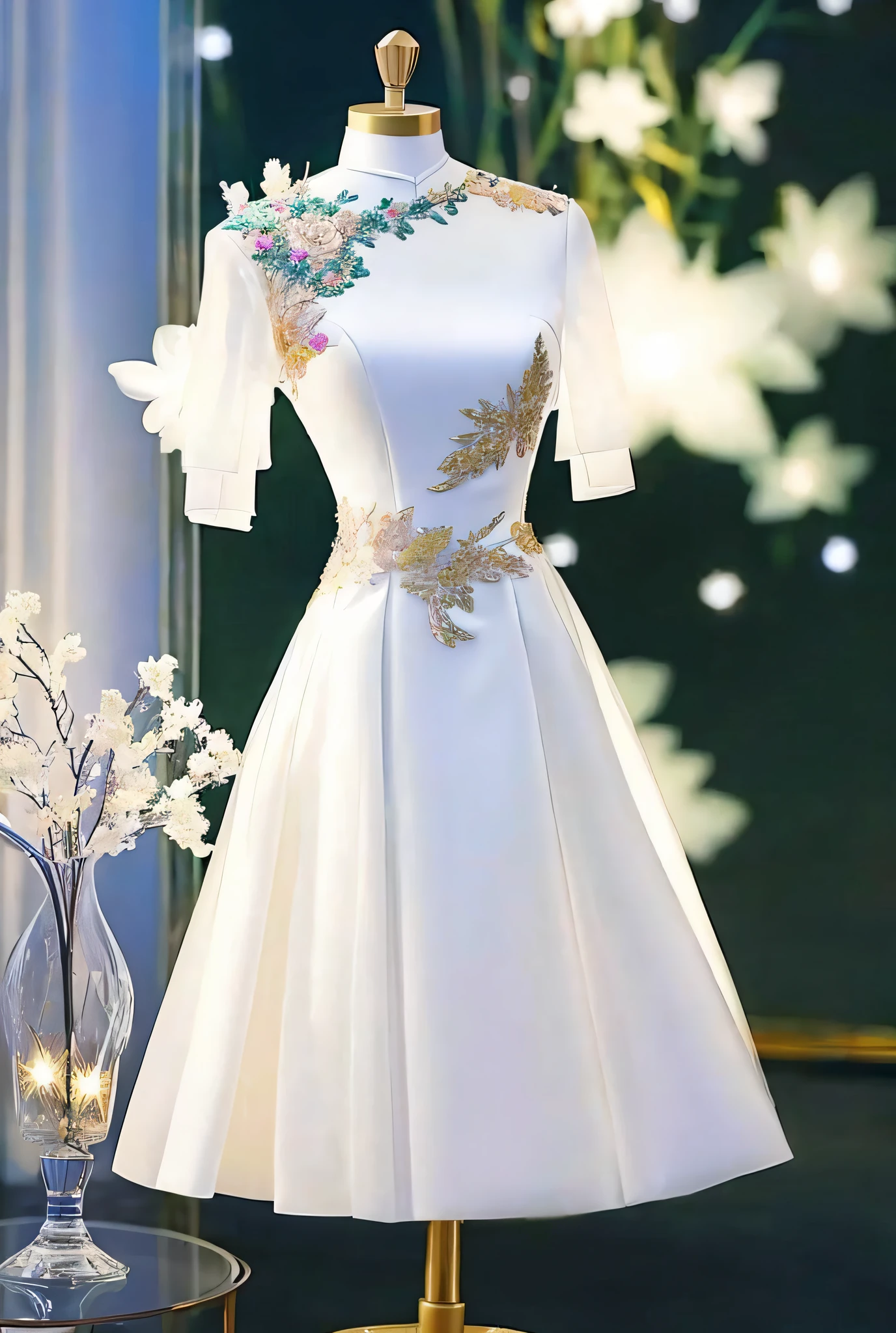 There is a dress on a mannequin stand with light, hanfu, translucent dress, royal dress, elegant dress, fantasy dress, elegant dress, magical dress, romantic dress, complex fantasy dress, complex white dress, dress, lady dress with glowing flowers, ethereal and dreamy, dream style, dress, cheongsam, embroidery, backlight