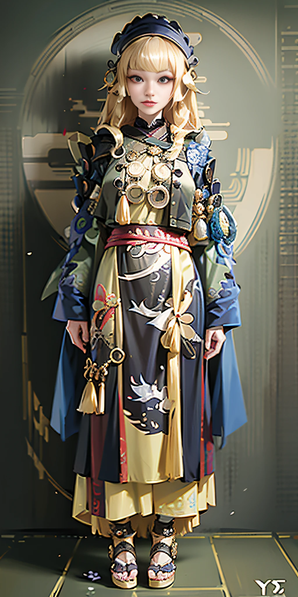 arafed image of a woman in a costume standing in front of a wall, full body!! maximalist details, ornate cyberpunk robes, robe. extremely high details, ornate flowing robe, dragon-inspired cloth robes, wearing ornate silk clothes, intricate hakama, wearing kimono armor, intricate fantasy robes, modern maximalist fashion dress, highly detailed kimono, ornate cosplay