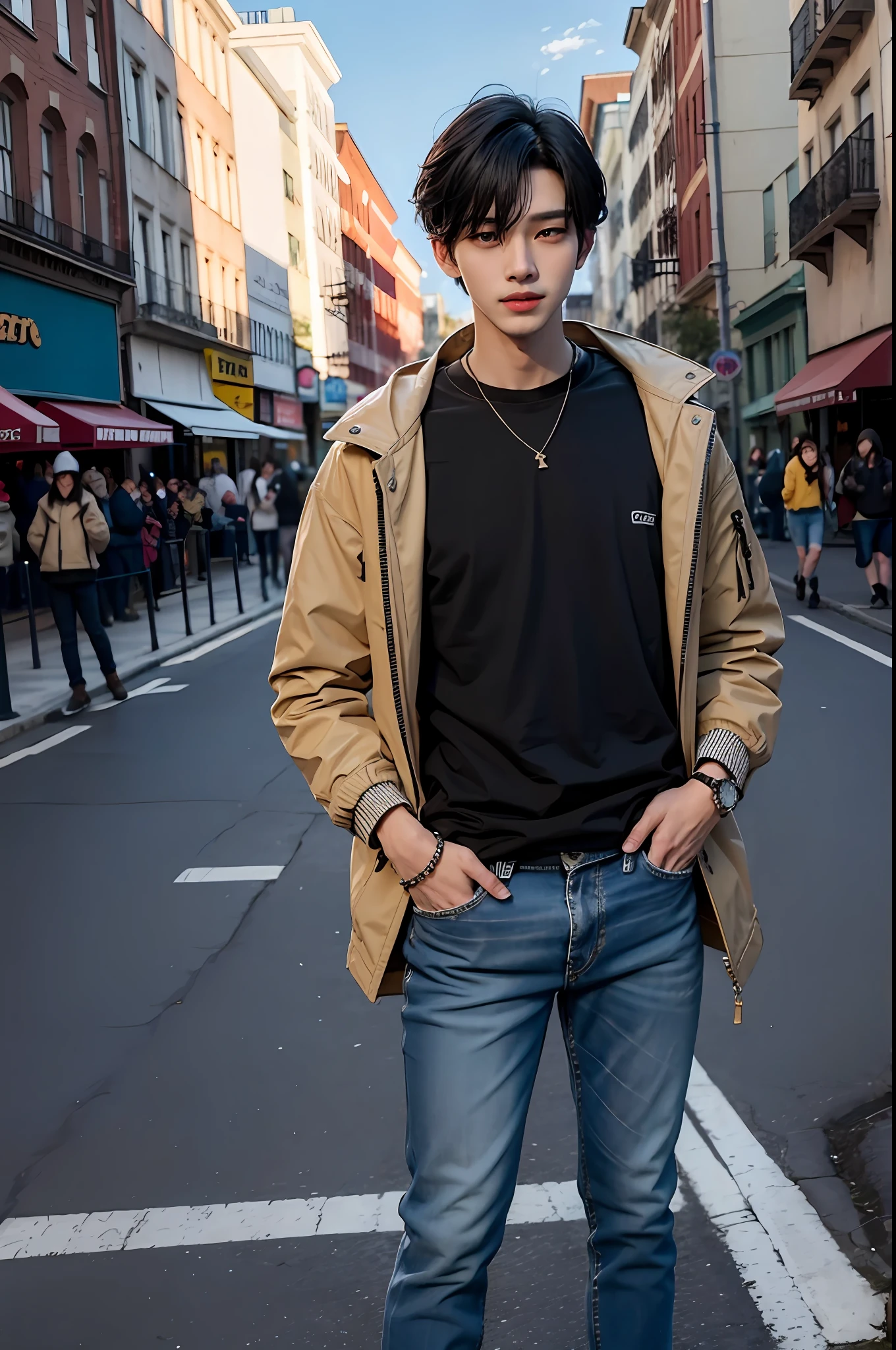 Standing on a street corner (((1 boy))) ((the whole body is visible)), he is a man. Far from the viewer. He is beautiful, sexy and young like Korean idol Hyunjin. He is slender, tall and has good style. He has center-parted black hair with shiny smooth hair. He's grinning. He cranes his head to look at us. He wears slim denim pants over his jacket. He has his hands in his pockets.