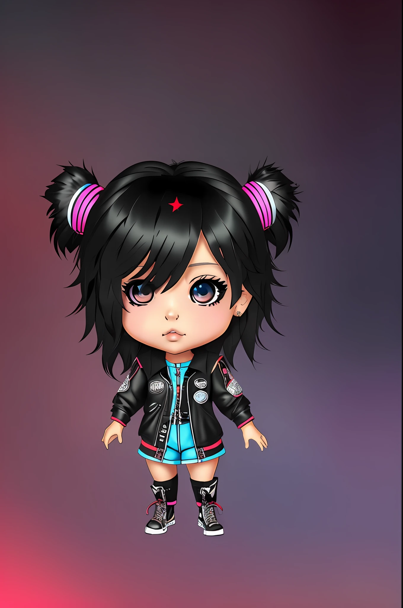 A realistic style chibi female character with big black hair, wearing 3d air rock outfit --auto --s2