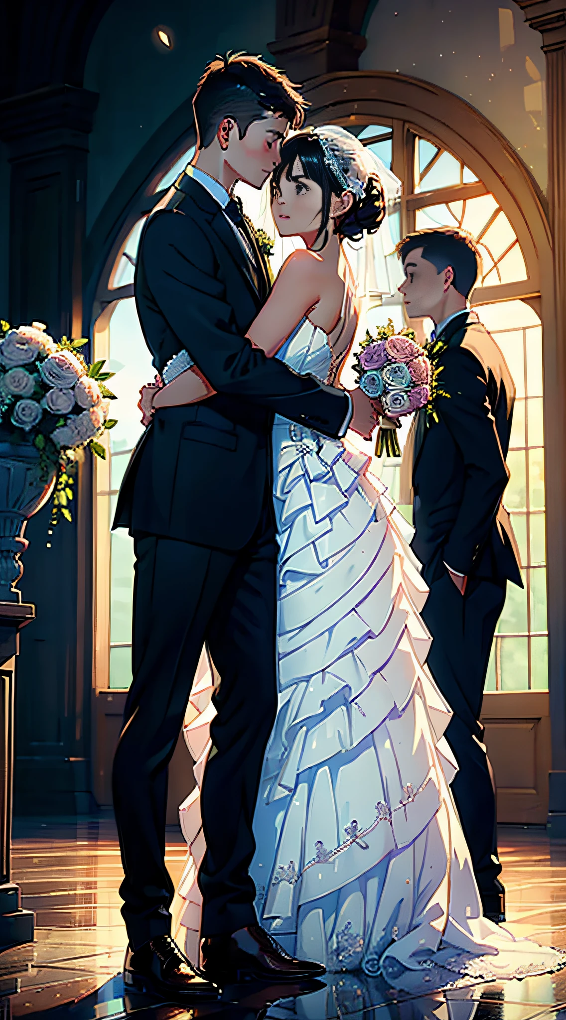(((Two people))), (Boys and girls), ((Wedding dress)), ((Hug)), Flower basket, stage, hyper-detail, masterpiece, 8K, HD wallpaper, best picture quality