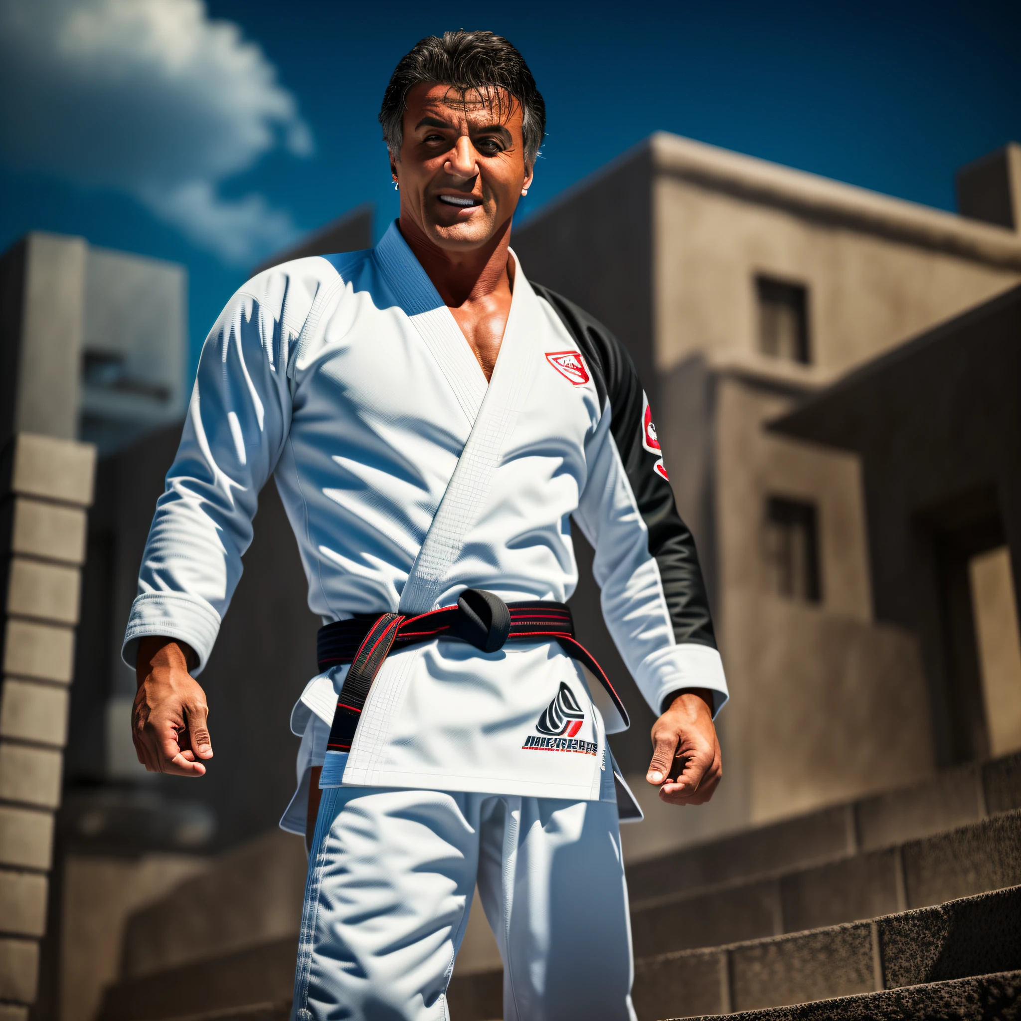 Sylvester Stallone young 25 years smiling, standing upright standing looking forward. Wearing White Jiu Jitsu Kimono, long sleeve, closed with a red logo on the chest, with Dark Black Belt. On a staircase. masterpiece, best quality, ultra-detailed, shadows, contrast, clear sky, style (look at viewer: 1.2) (skin texture) (film grain: 1.3), ultra-high resolution, octane rendering, 16k.RAW Photo.