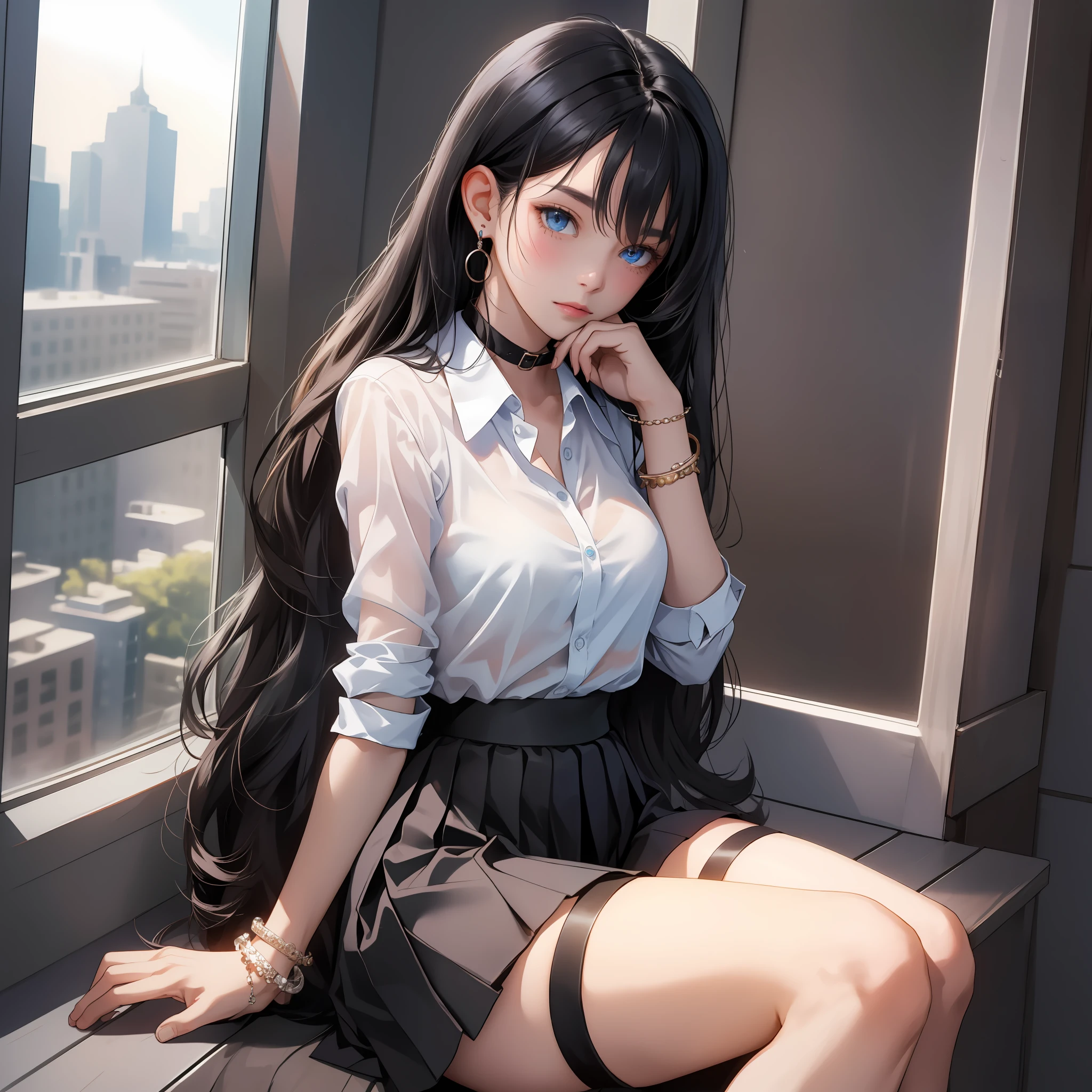an anime character with black long hair sitting on a window sill holding her collar, 1girl, skirt, breasts, solo, thigh strap, jewelry, tattoo, blue eyes, see-through, sitting, earrings, gaze at viewer, black hair, black skirt, window, long hair, bracelet, see-through shirt, blush, bangs, knee up, collar, shirt, pleated skirt, indoors